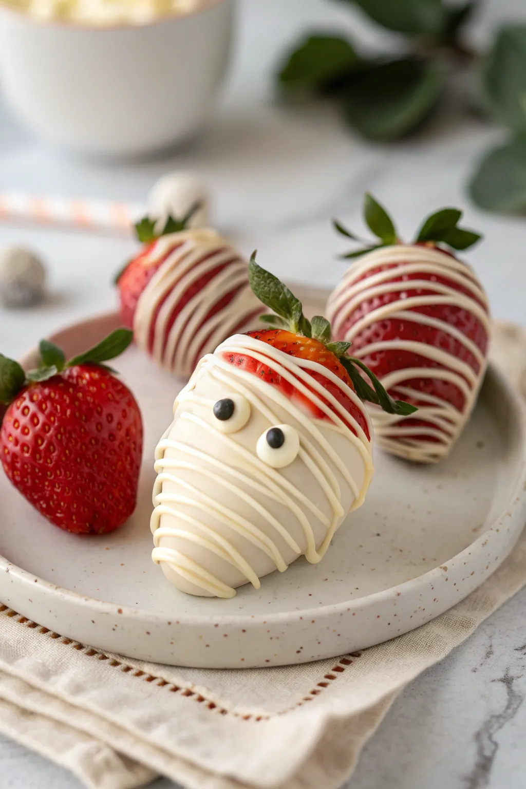 Embrace the spooky elegance with these charming mummified strawberries – a minimalist Halloween treat with a playful twist!