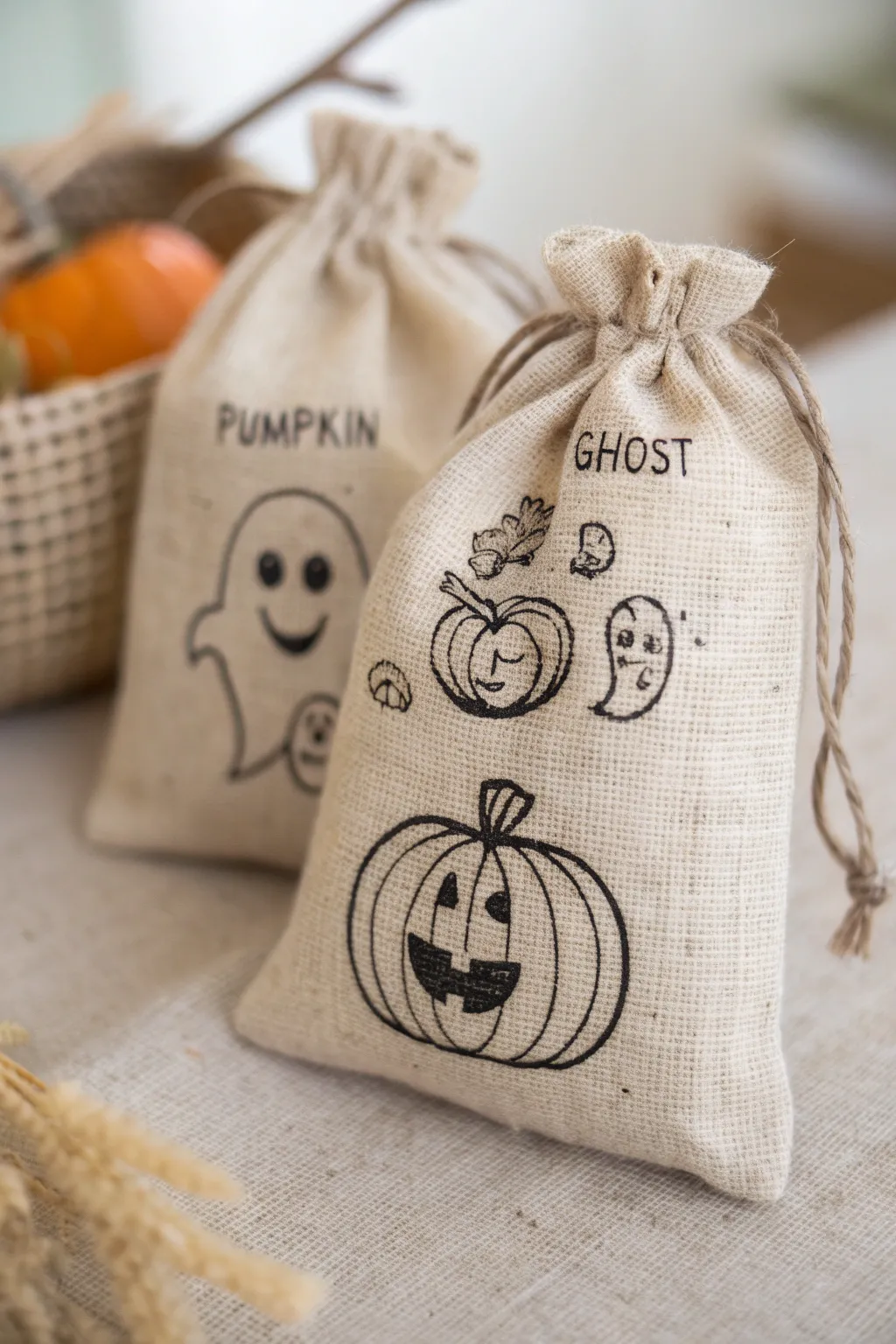 Charming Halloween treat bags with handcrafted pumpkin and ghost faces, perfect for adding a touch of whimsy to your festivities.