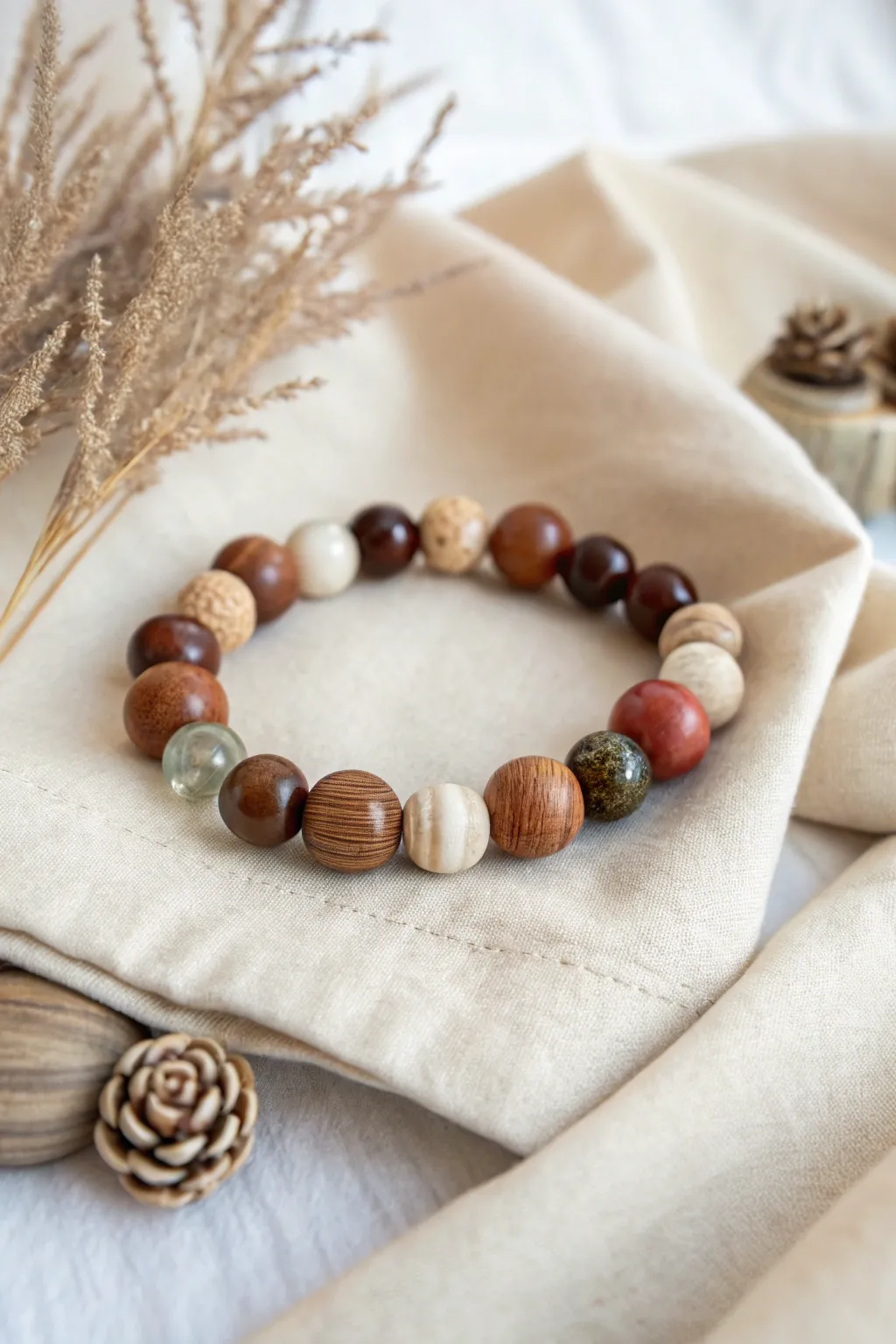 Embrace the tranquility of nature with this beautifully crafted wooden and stone bead bracelet.