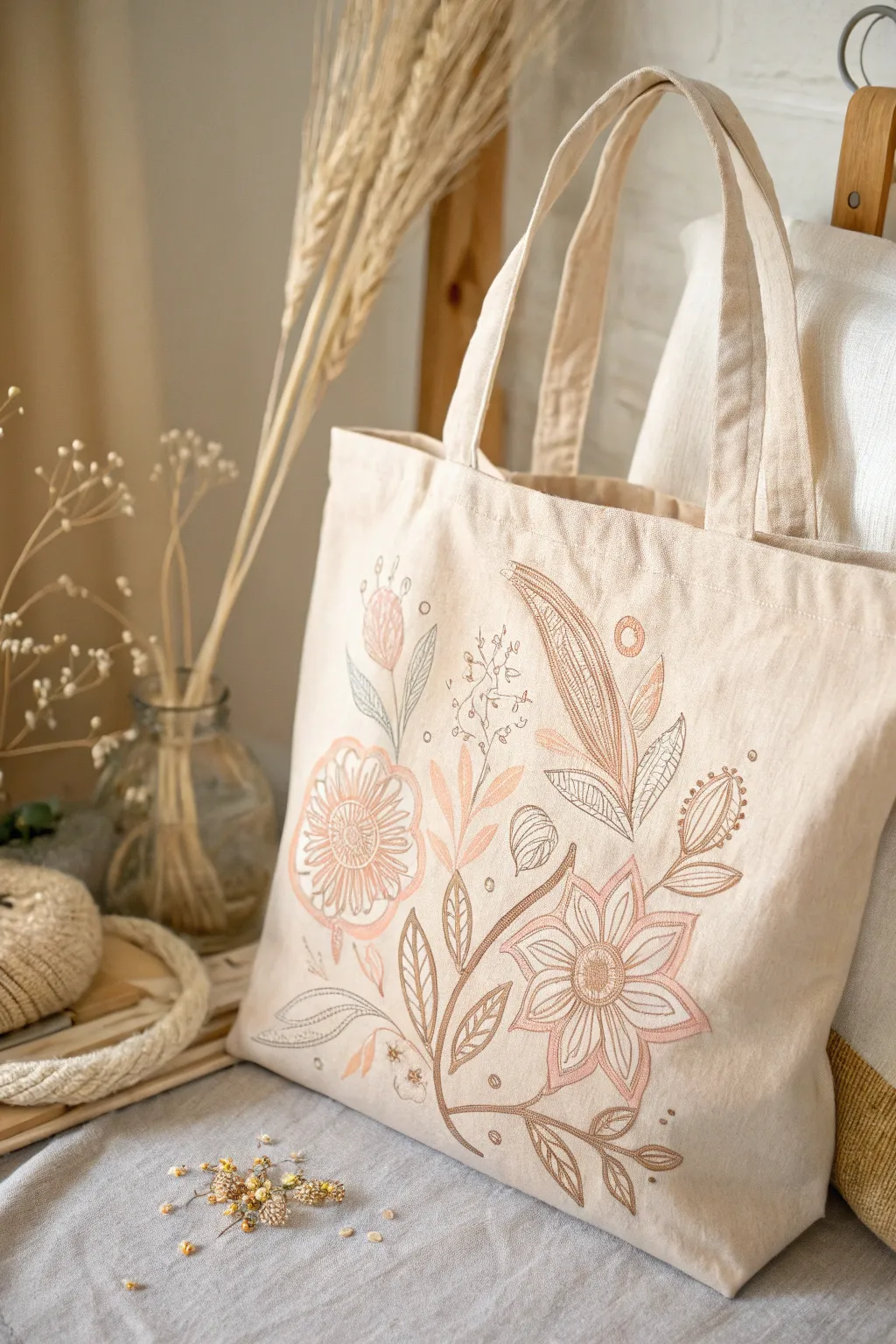 Elevate your style with a touch of nature – handcrafted floral stencil tote bags for a chic, minimalist look.