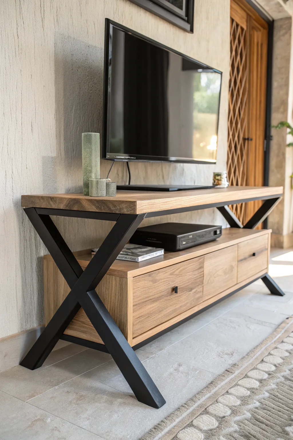 Elevate your living space with this sleek, minimalist X-leg TV stand—where craftsmanship meets modern elegance.
