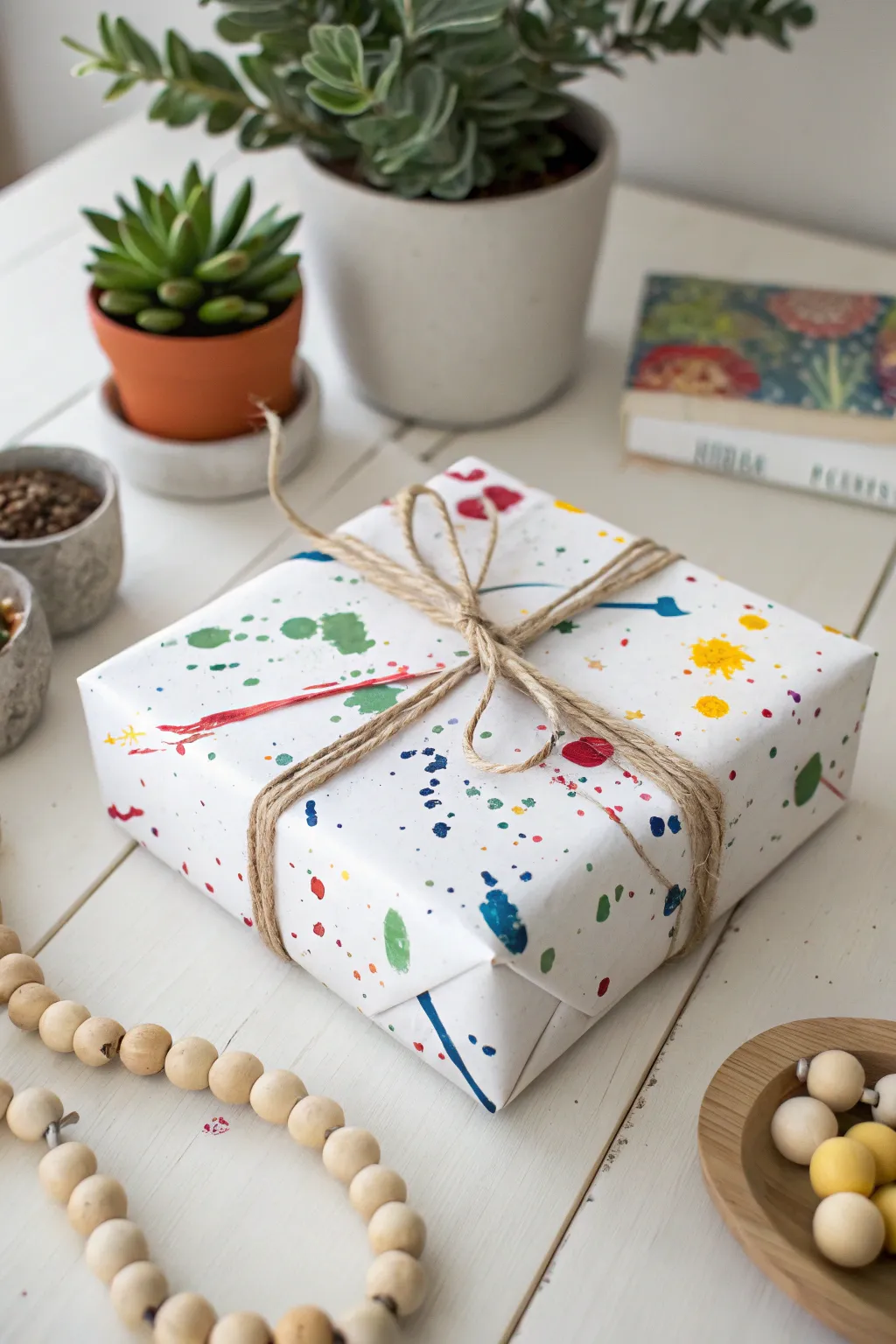 Transform your gift into a masterpiece with paint splatter art. Perfect for a touch of creative elegance.