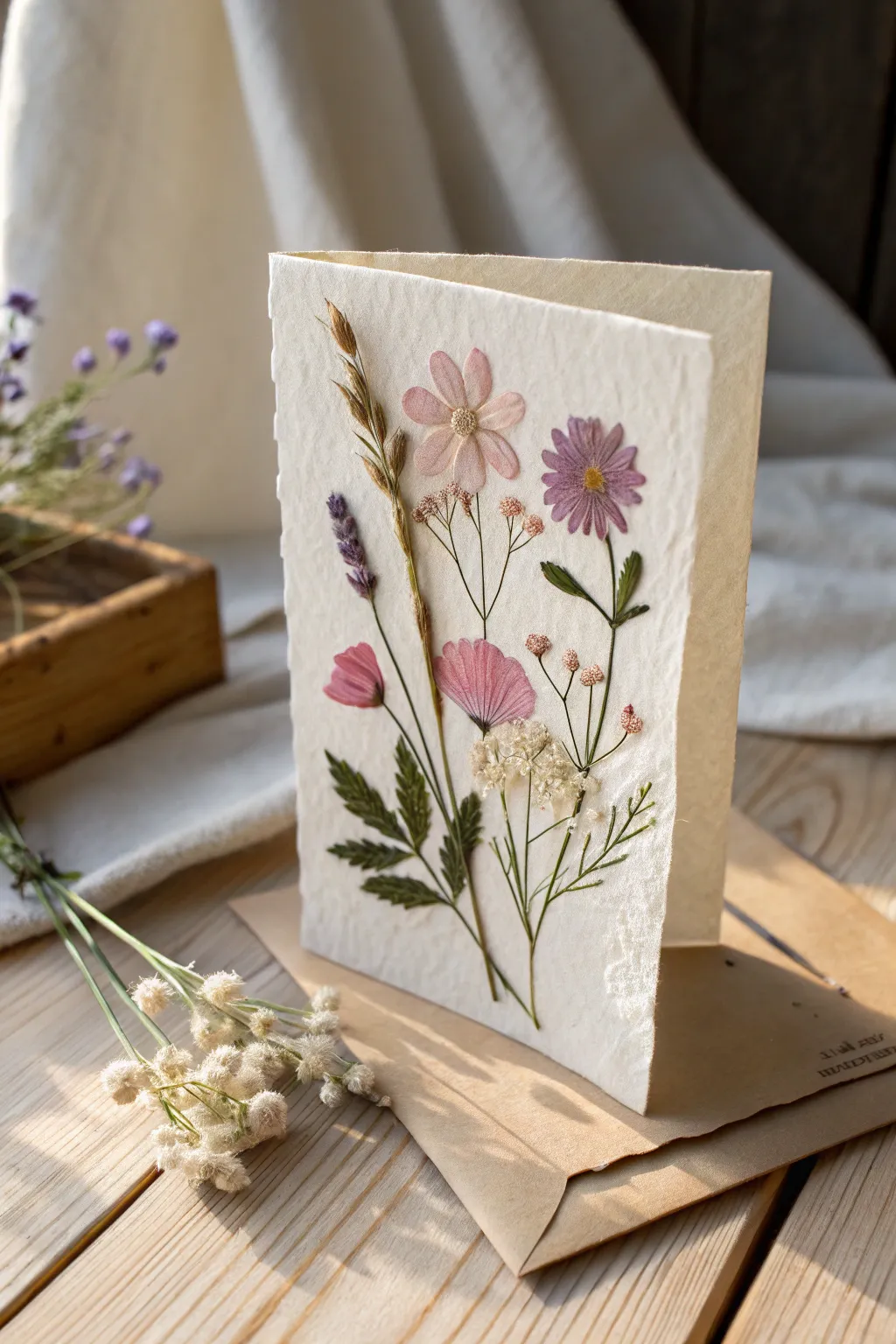 Celebrate the timeless beauty of nature with a handcrafted pressed flower card, each bloom a unique story waiting to be shared.