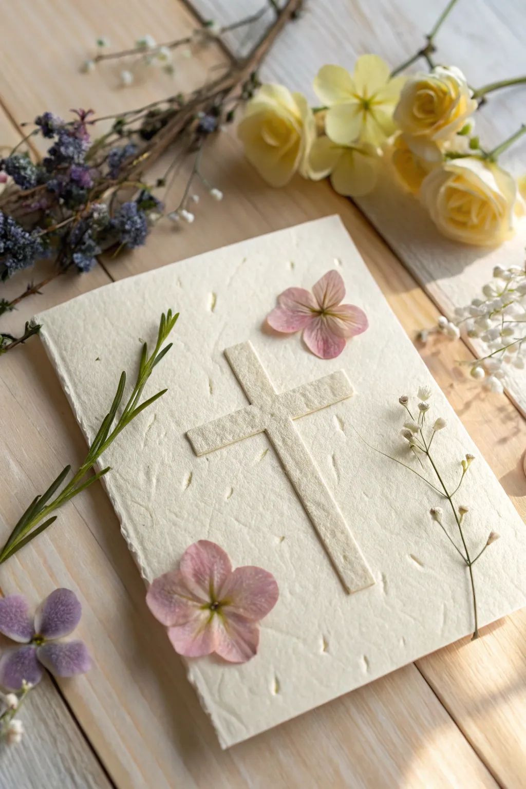 Embrace the beauty of spring with pressed flowers on a handmade Easter card. Simplicity meets elegance.