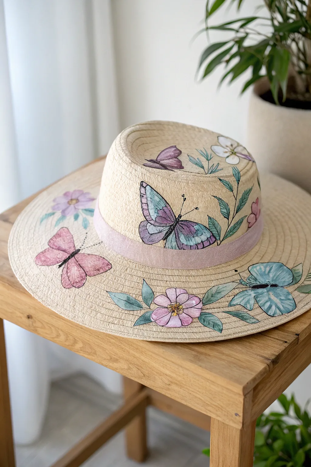 Embrace springtime elegance with a hand-painted garden hat. 🌸🦋 #CraftedBeauty #MinimalistBoho
