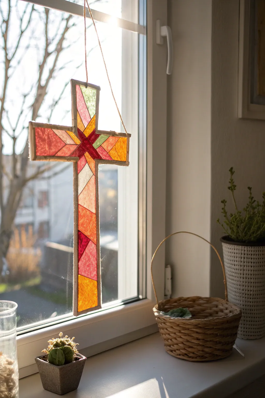 Capture the light and spirit of renewal with a handcrafted cross sun catcher, a perfect blend of minimalist elegance and Boho charm.