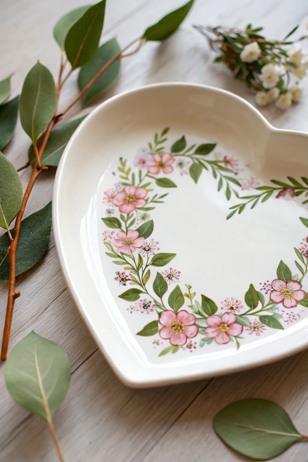Bring the charm of spring into your home with this floral heart wreath plate, a perfect blend of simplicity and elegance.