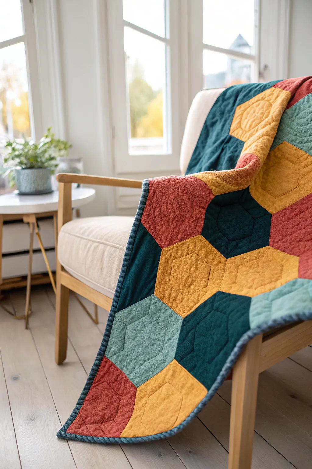 Inject energy into your space with a vibrant hexagon quilt, where bold colors meet minimalist elegance.