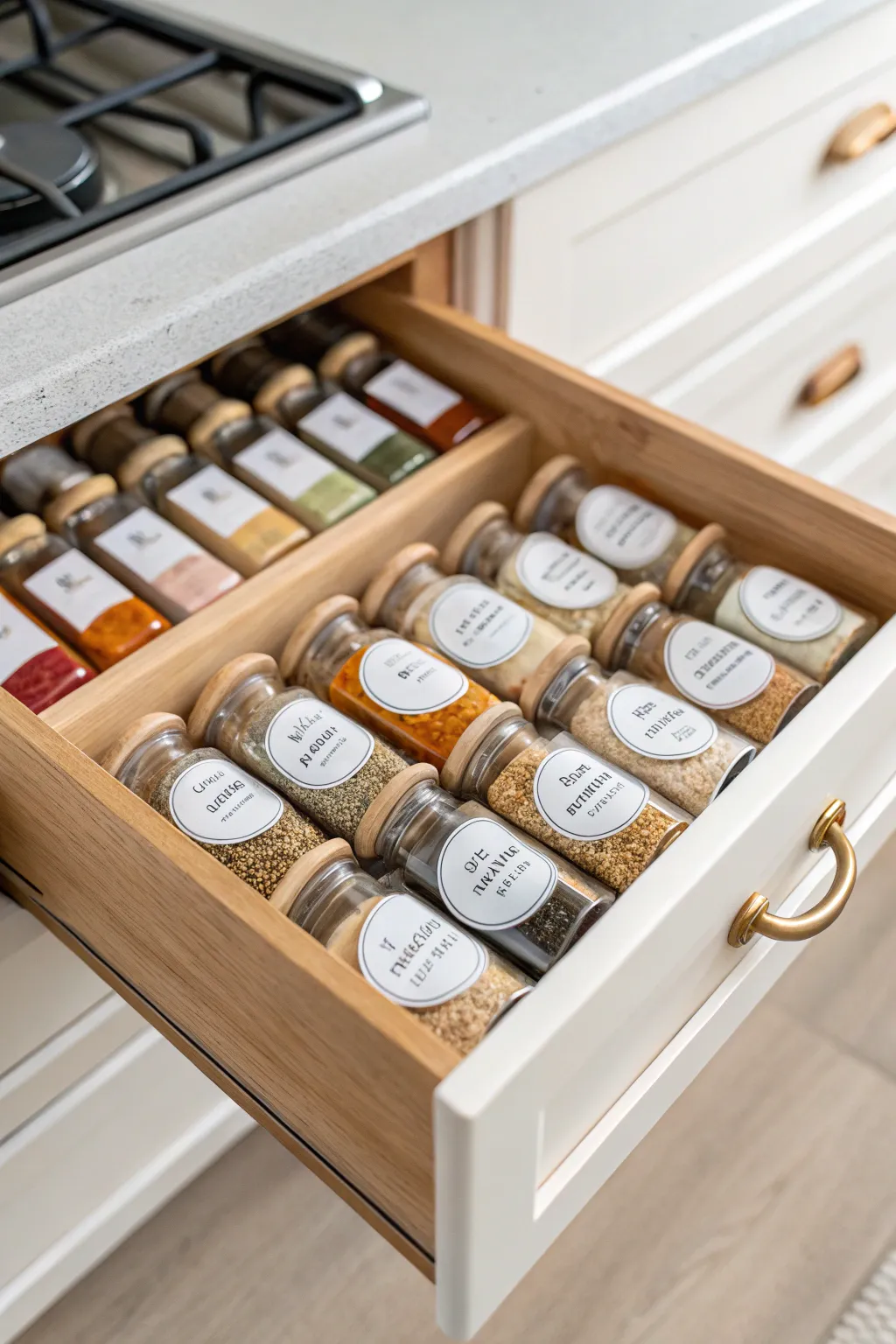 Transform your kitchen with a chic spice drawer insert—where simplicity meets functionality.