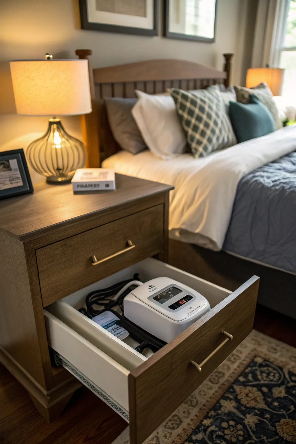 A neat drawer solution hides the CPAP machine in plain sight.