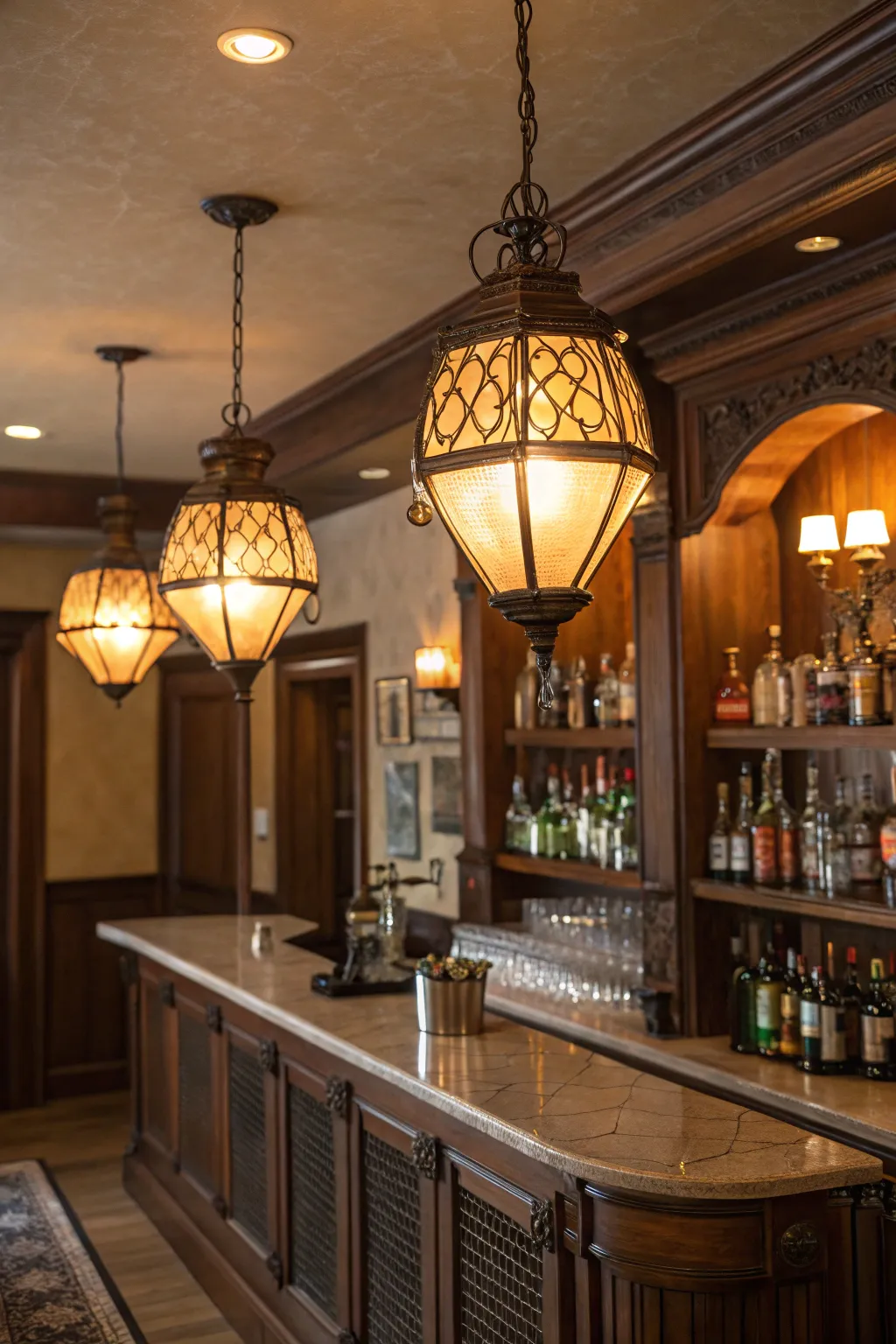 Vintage lighting adds warmth and authenticity to your home pub.