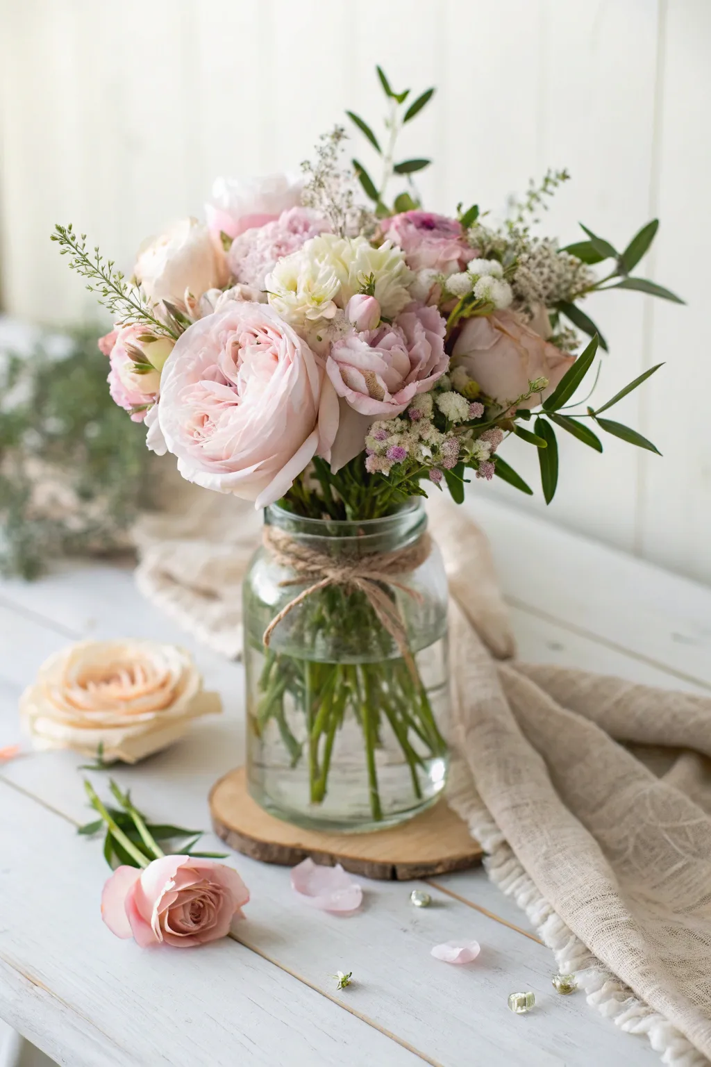 Create a serene ambiance with these charming floral mason jar centerpieces, perfect for a minimalist yet boho-inspired baptism celebration.