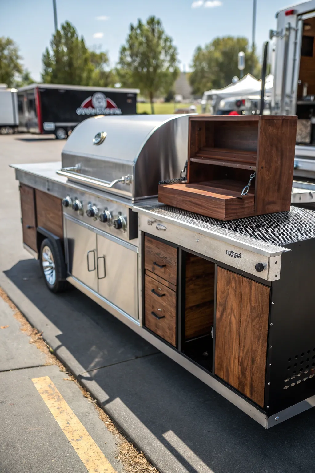 Elevate your outdoor cooking experience with this custom flatbed BBQ trailer—where craftsmanship meets culinary creativity.