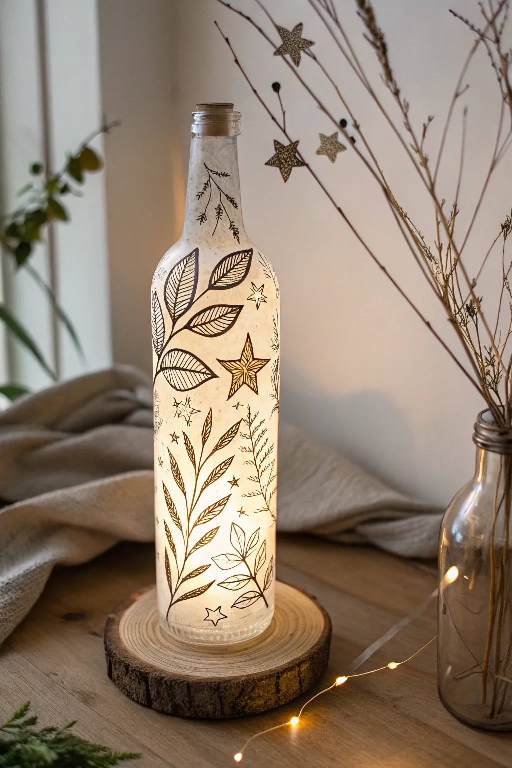 Illuminate your space with enchanting painted glow bottles, where art meets cozy ambiance.