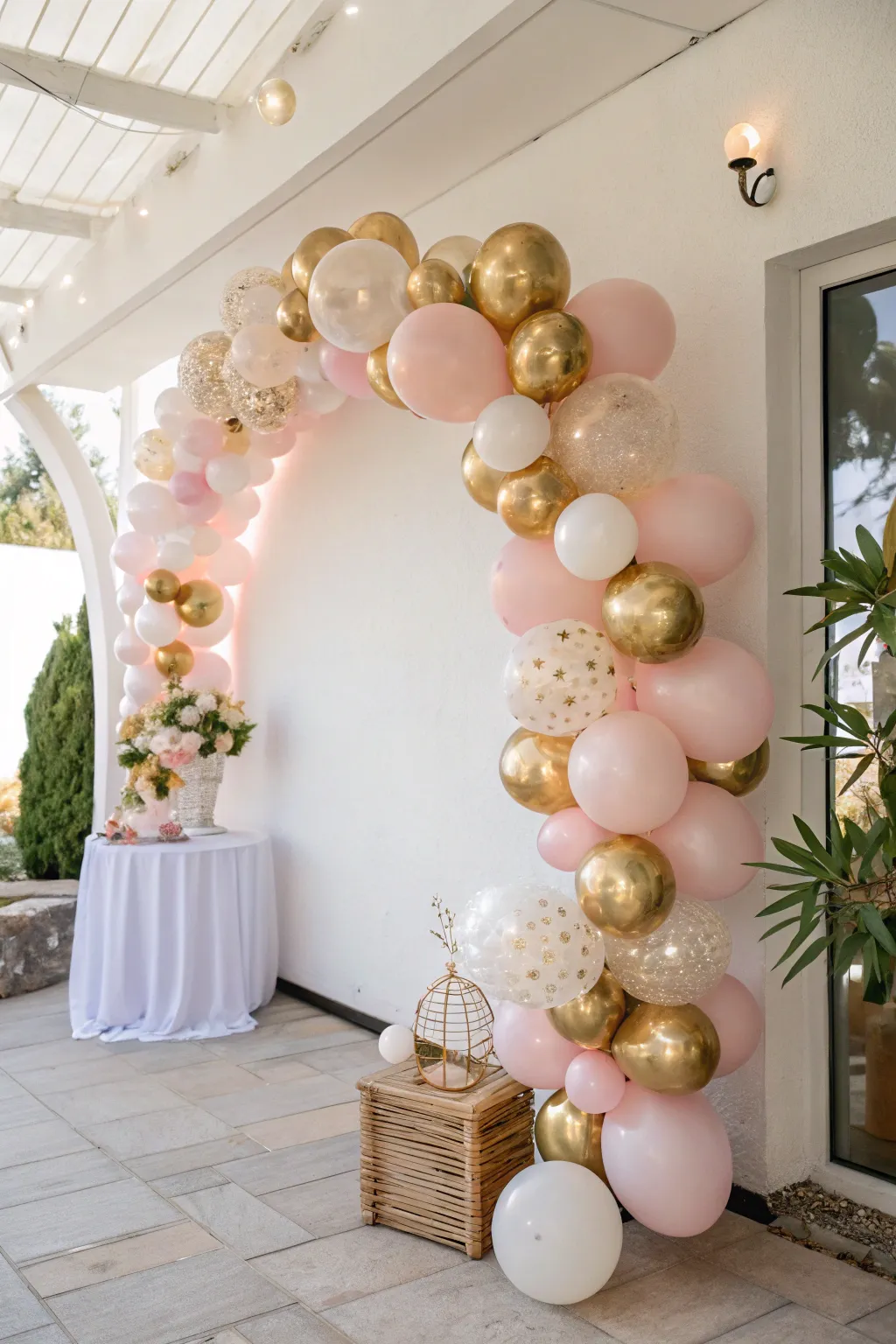 Elevate your bridal shower decor with a chic blush and gold balloon arch, effortlessly blending Scandinavian simplicity with Boho elegance.