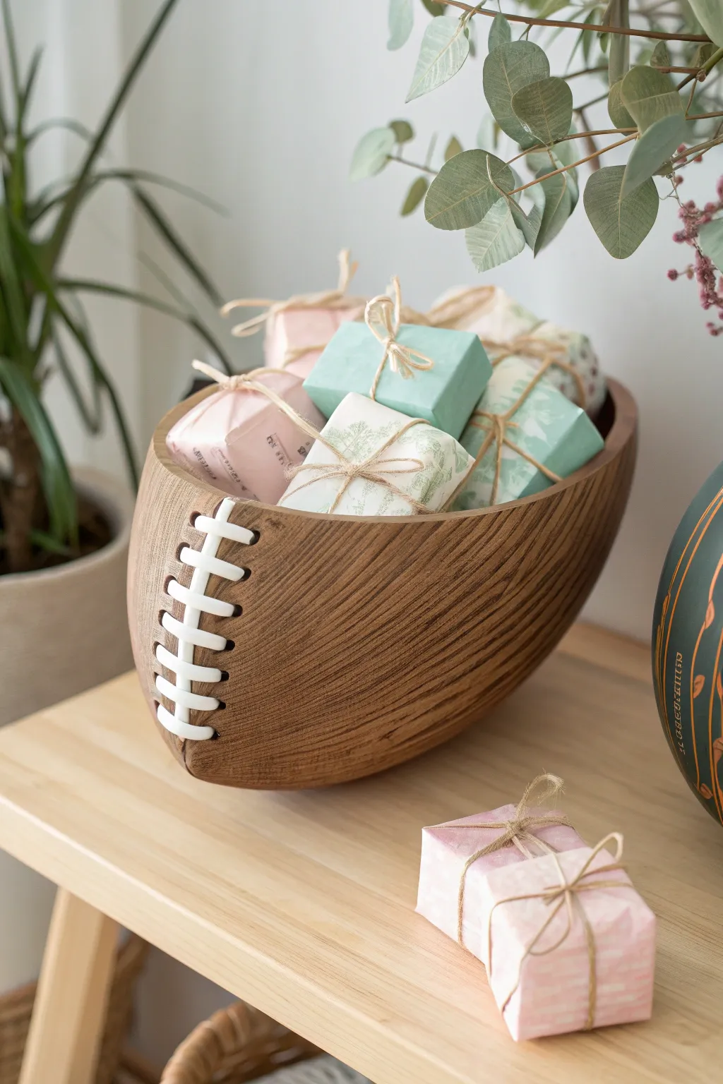 Celebrate the game with style: a football-shaped vase filled with thoughtful gifts.