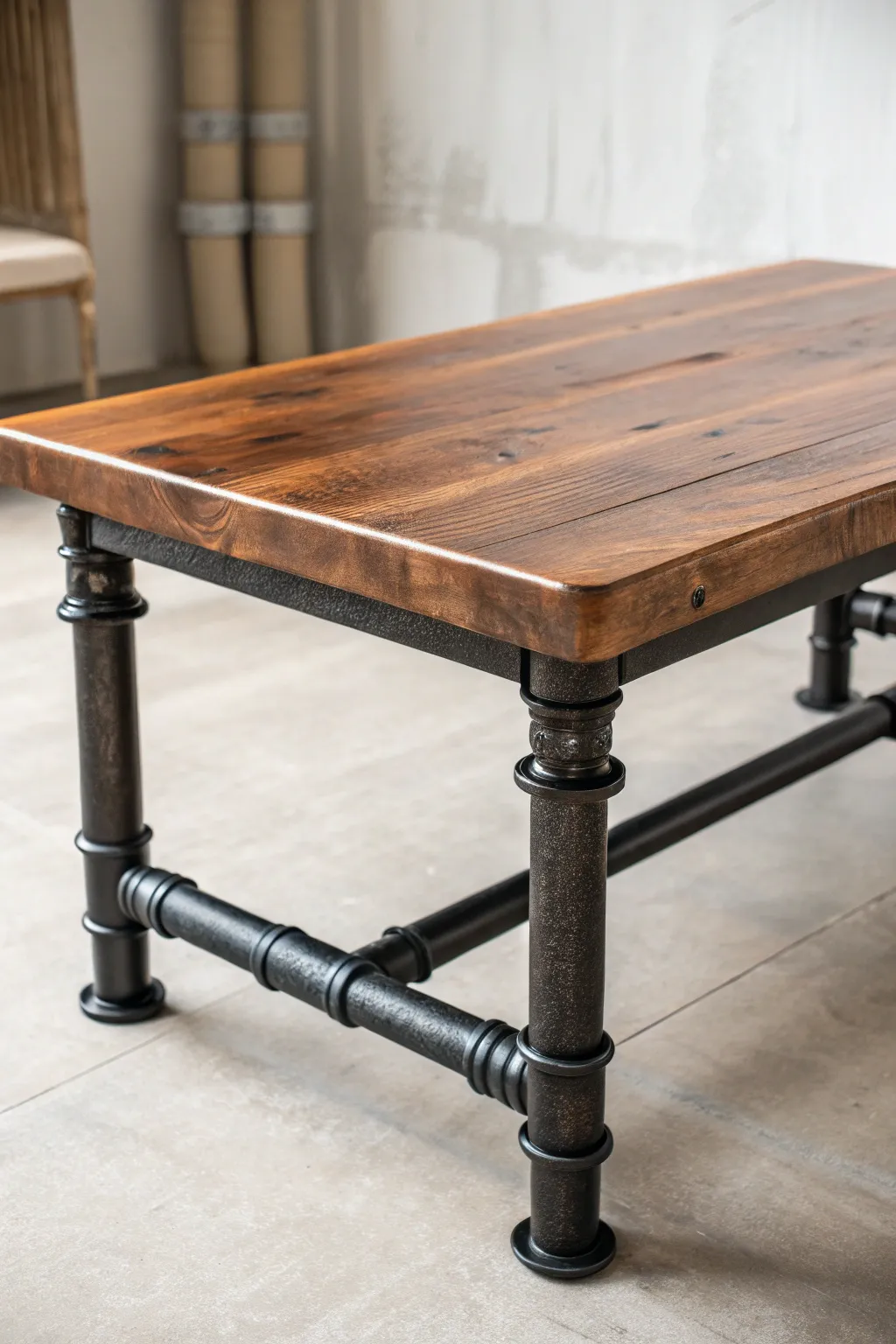 Elevate your space with this DIY industrial pipe and wood coffee table—a perfect blend of rugged charm and modern elegance.