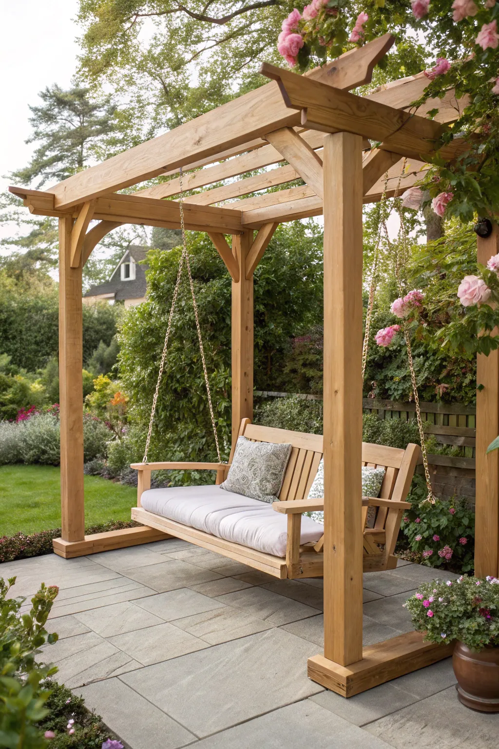 Transform your garden into a serene oasis with a minimalist pergola swing, where elegance meets joy.