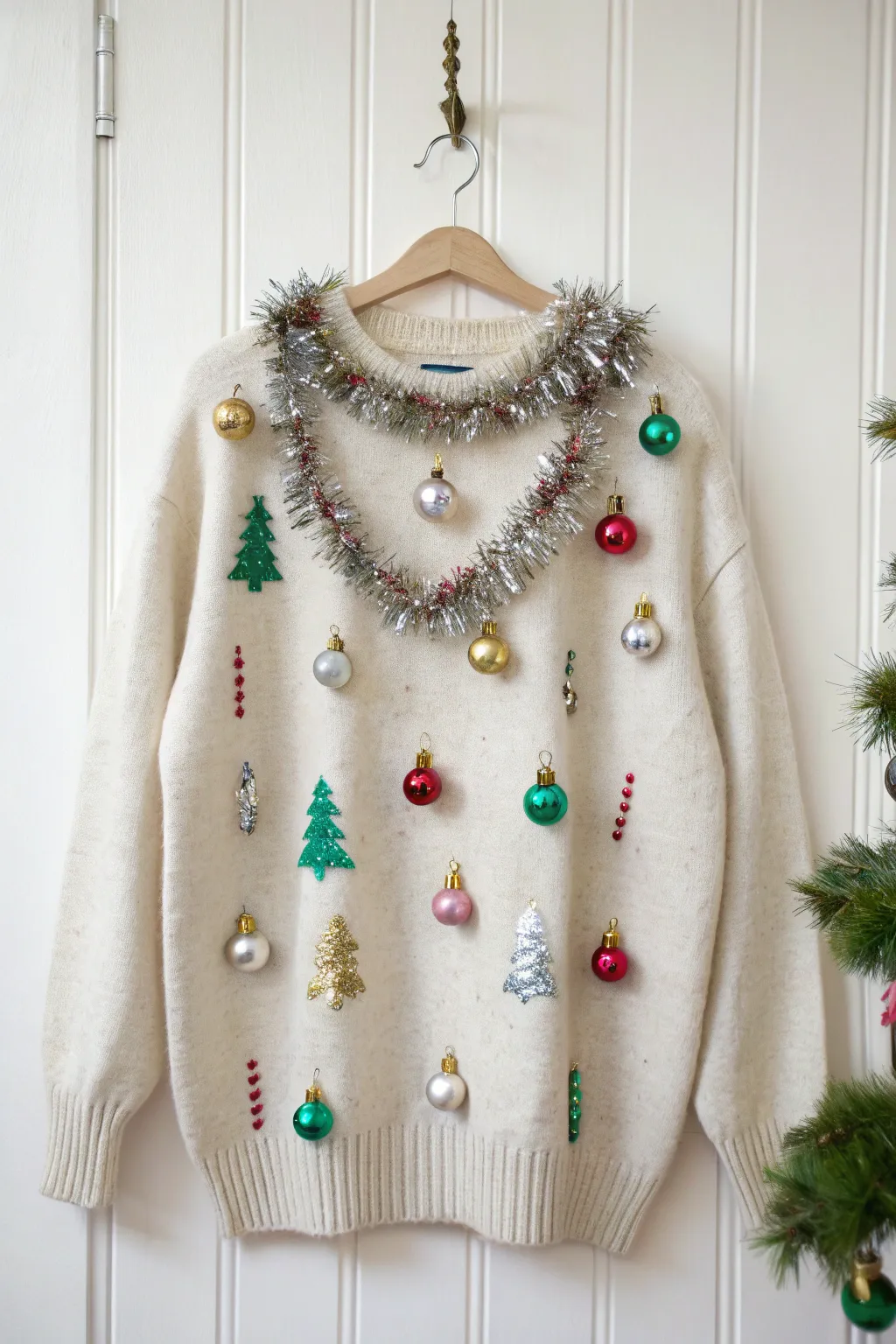Embrace the festive spirit with this enchanting ornament-filled Christmas sweater, where whimsy meets minimalist elegance.