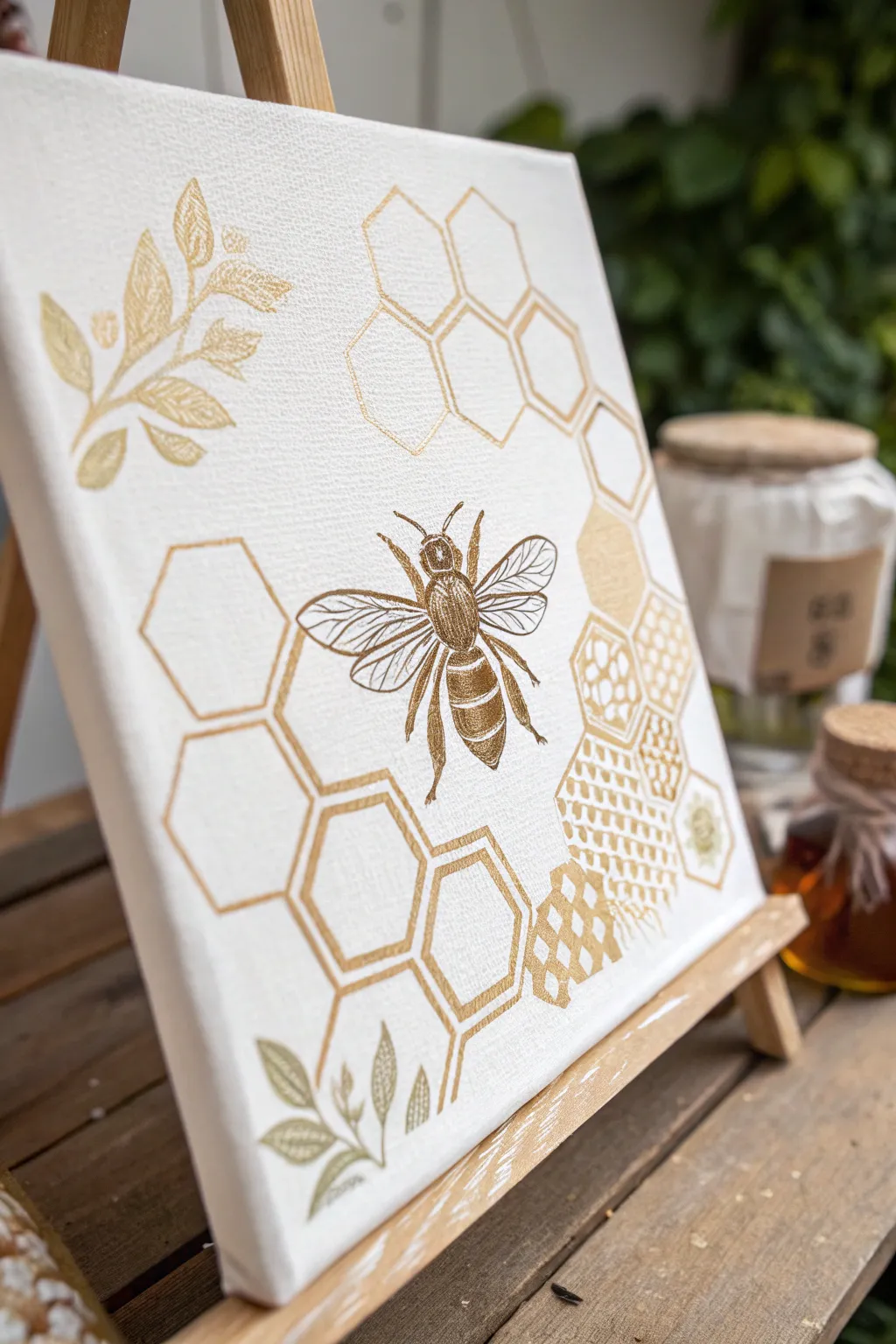 Bring a buzz of creativity to your space with this minimalist bee and honeycomb canvas masterpiece.