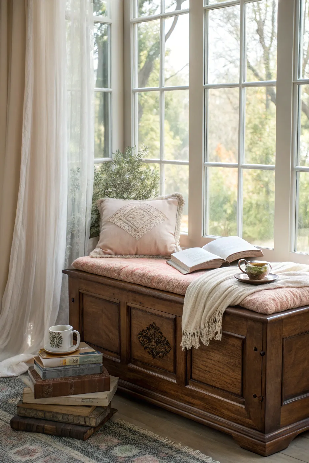 Turn your hope chest into a serene window seat for the perfect reading nook.