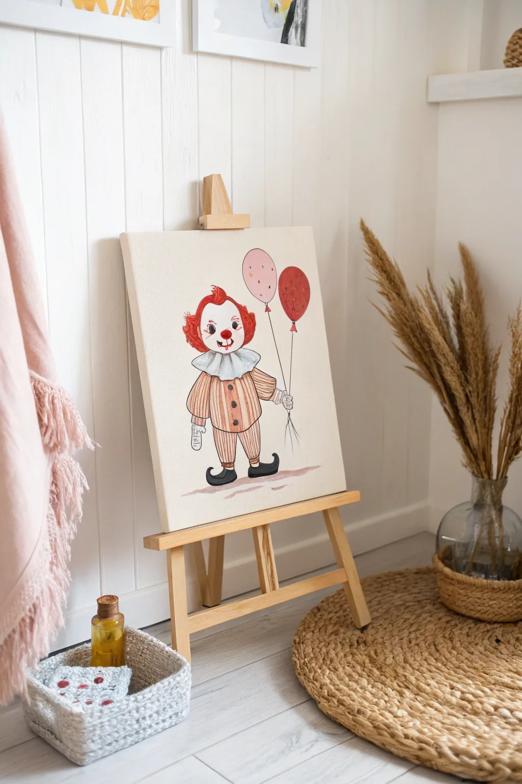 Transform terror into whimsy with a cartoon Pennywise painting, perfect for a playful, minimalist space.
