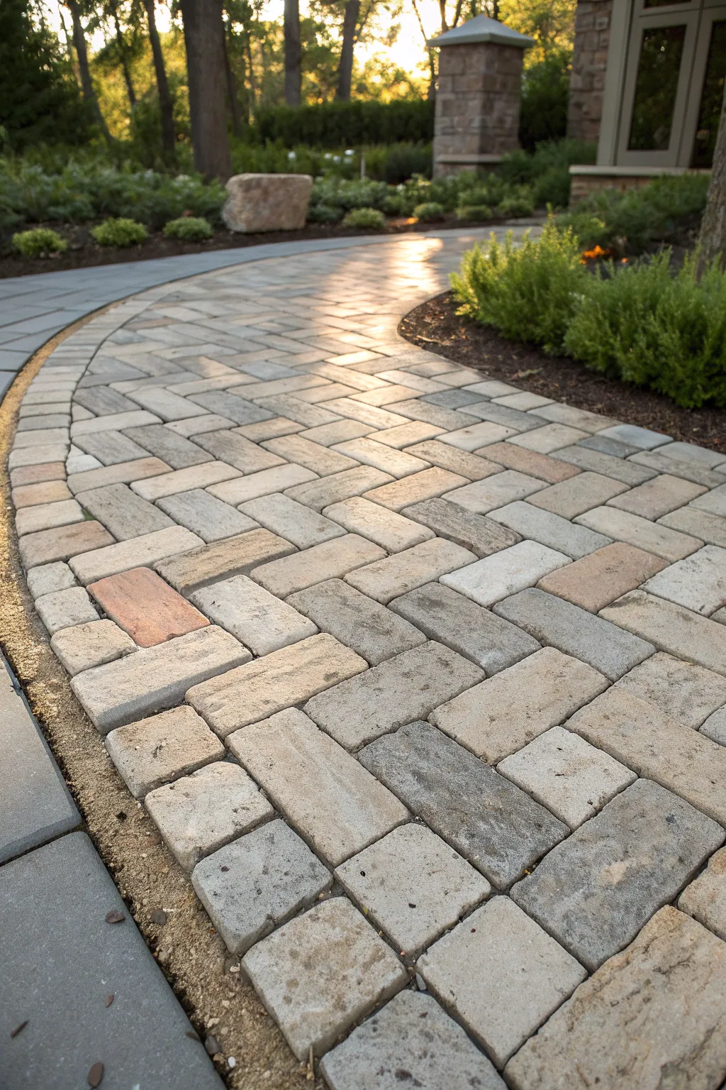 Elevate your outdoor space with the timeless elegance of a herringbone stone pattern.