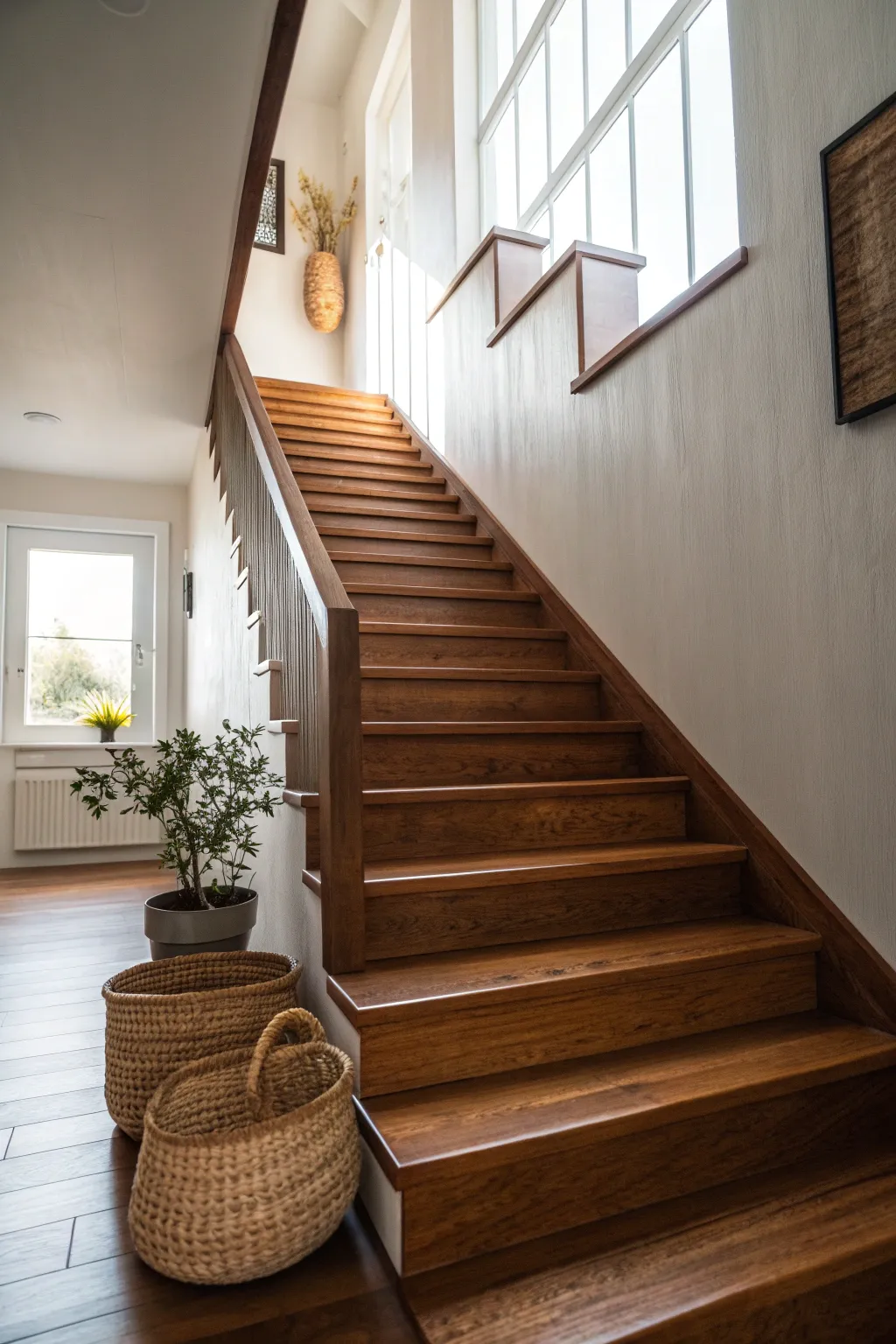 Elevate your space with the timeless elegance of sleek wooden panels on your stairs.
