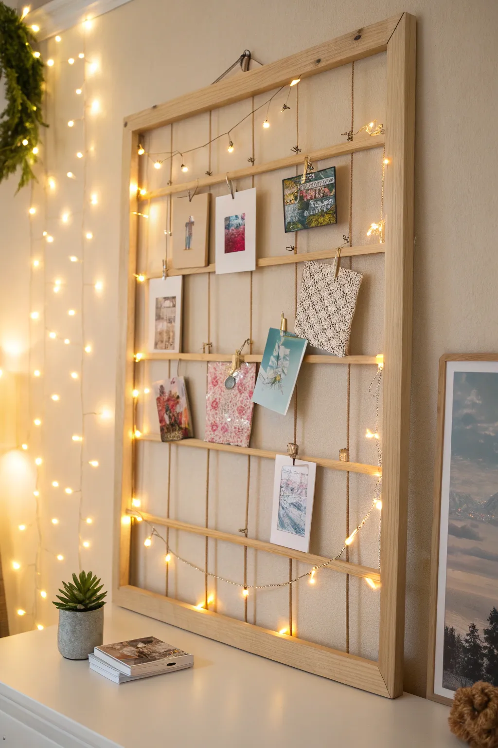 Infuse your space with personality and charm by showcasing postcards on a minimalist pinboard.