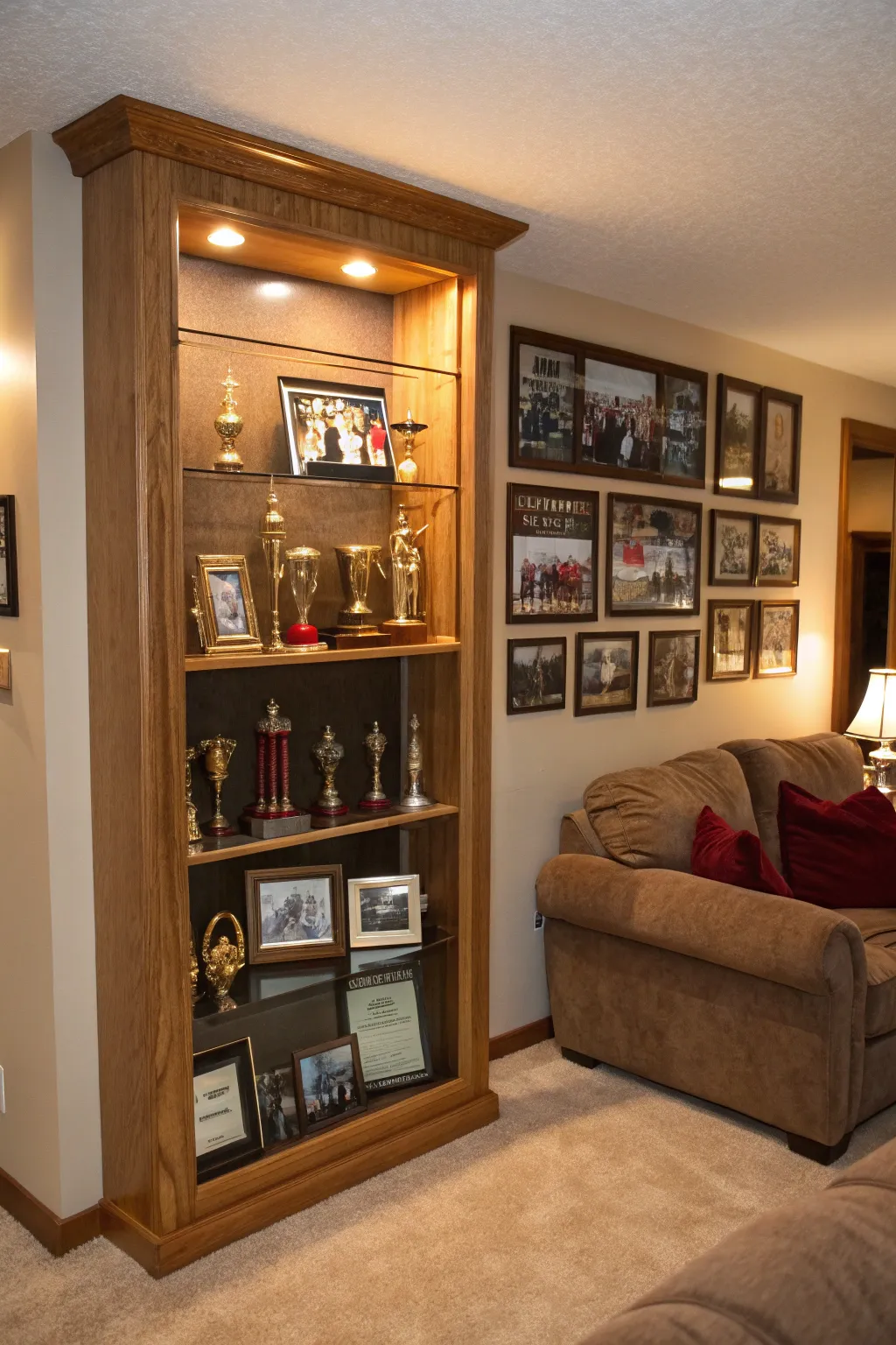 A shadow box filled with trophies and personal memorabilia.