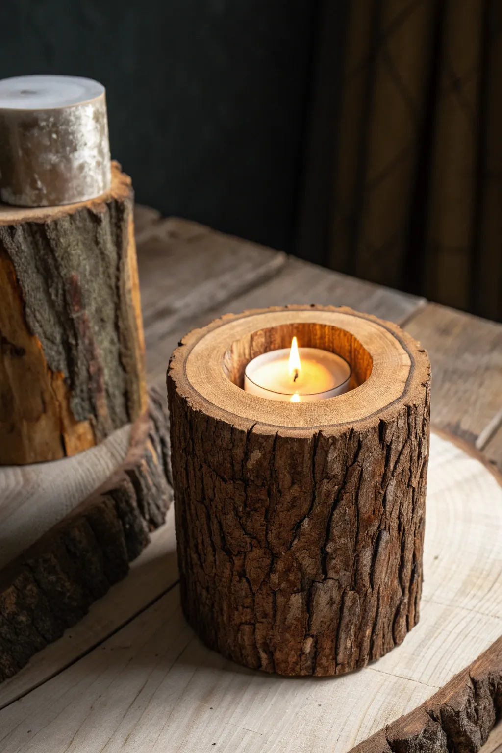 Illuminate with Nature: Handcrafted candle holder from a hollowed log.