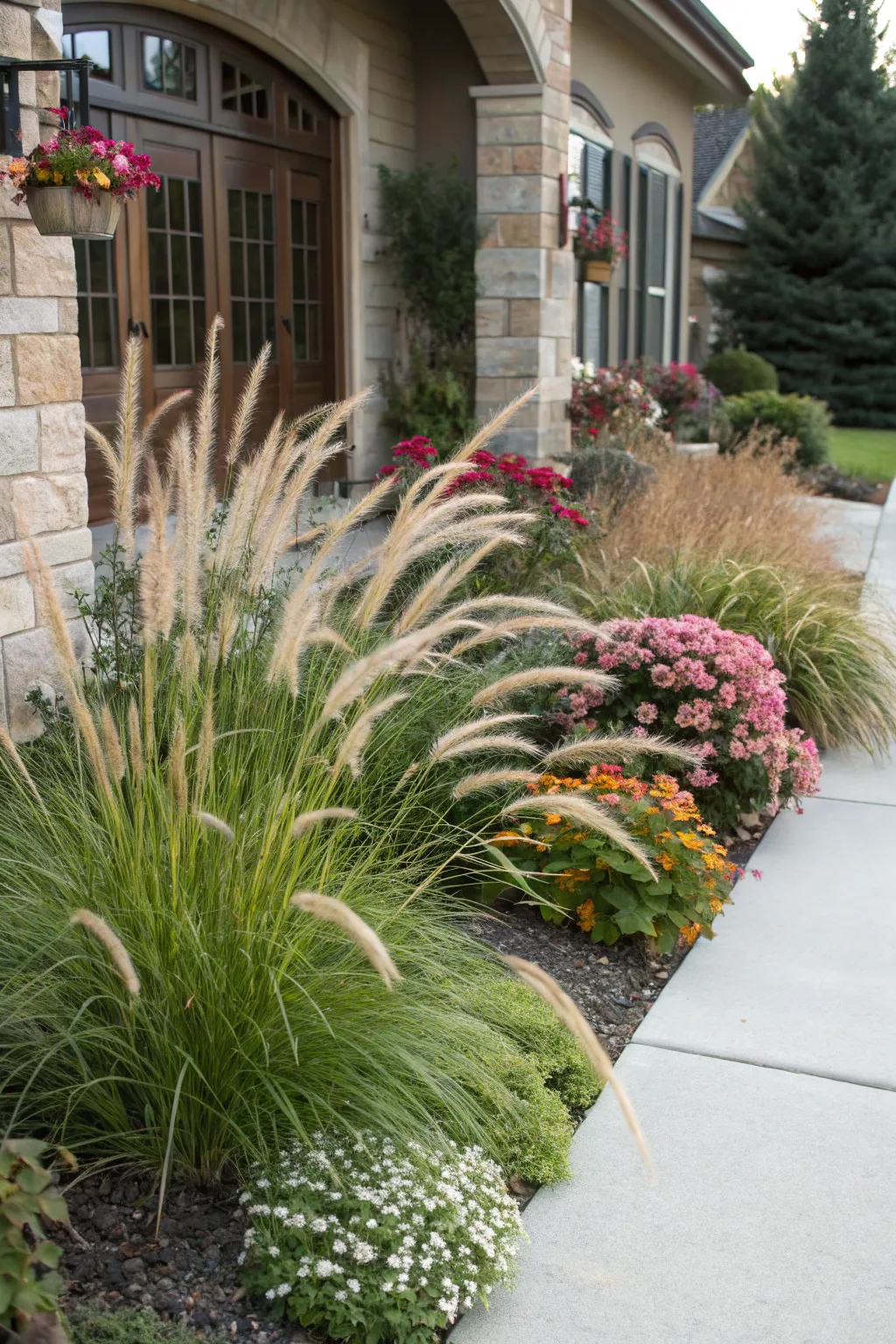 Elevate your front yard with dynamic plant height variations for a stunning layered look.