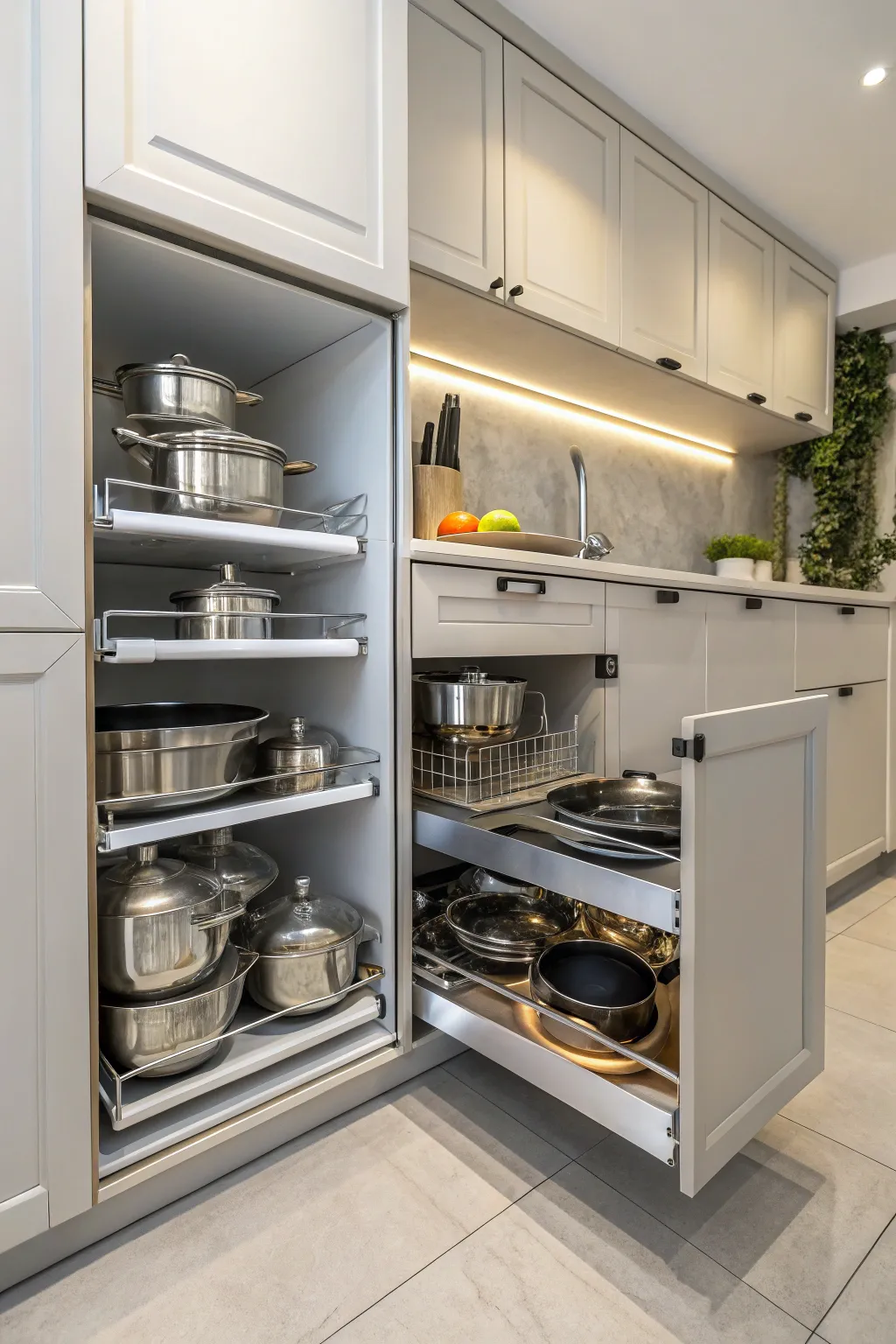 Pull-out shelves make accessing pots and pans a breeze.