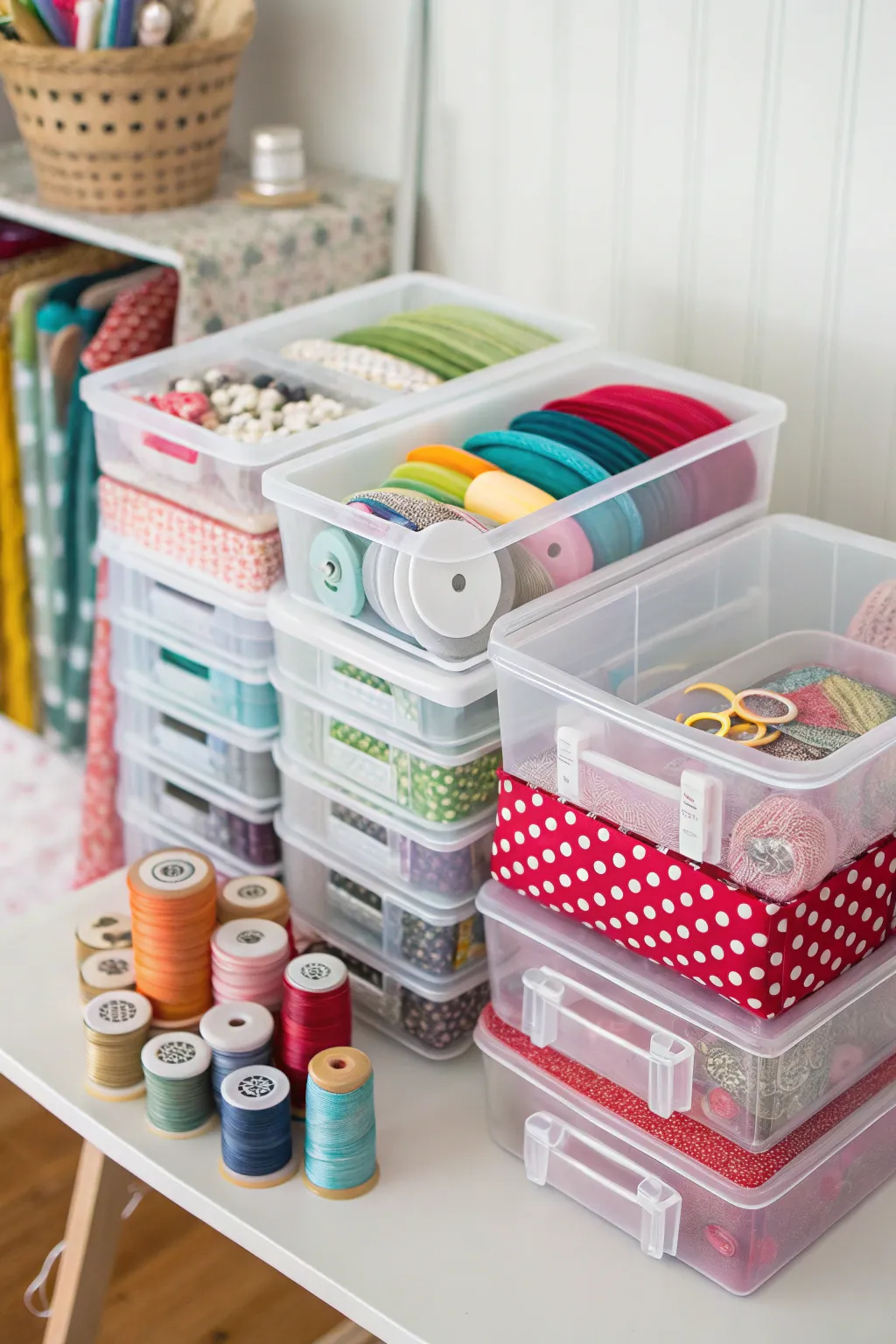 Clear bins filled with sewing notions for quick visibility and access.
