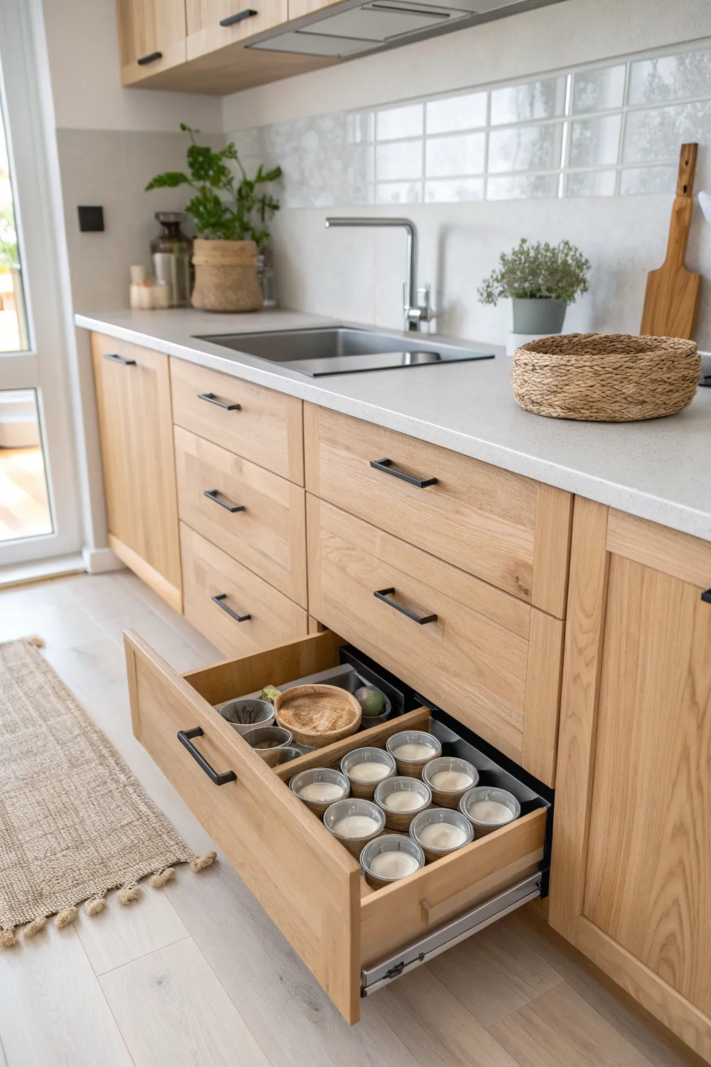 Transform your kitchen's toe kicks into sleek storage spaces for a minimalist touch with a hint of boho charm.