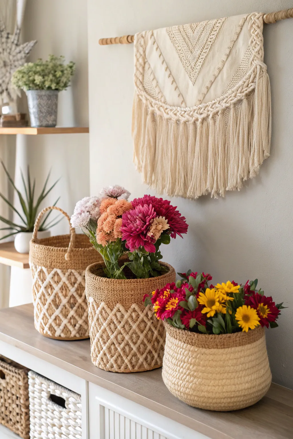 Transform your space with charming shelf baskets—perfect for organizing your faux blooms with a touch of rustic elegance.