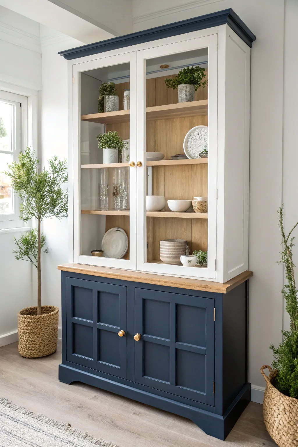 Transform your space with Two-Toned Elegance: A stunning navy and white hutch makeover that beautifully showcases your favorite pieces.