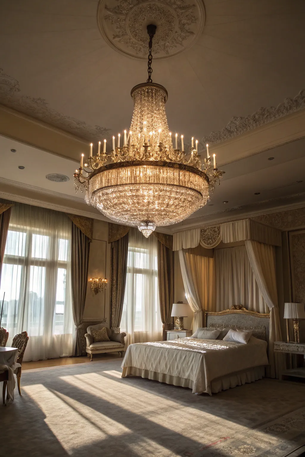A statement chandelier elevates the elegance of any large bedroom.
