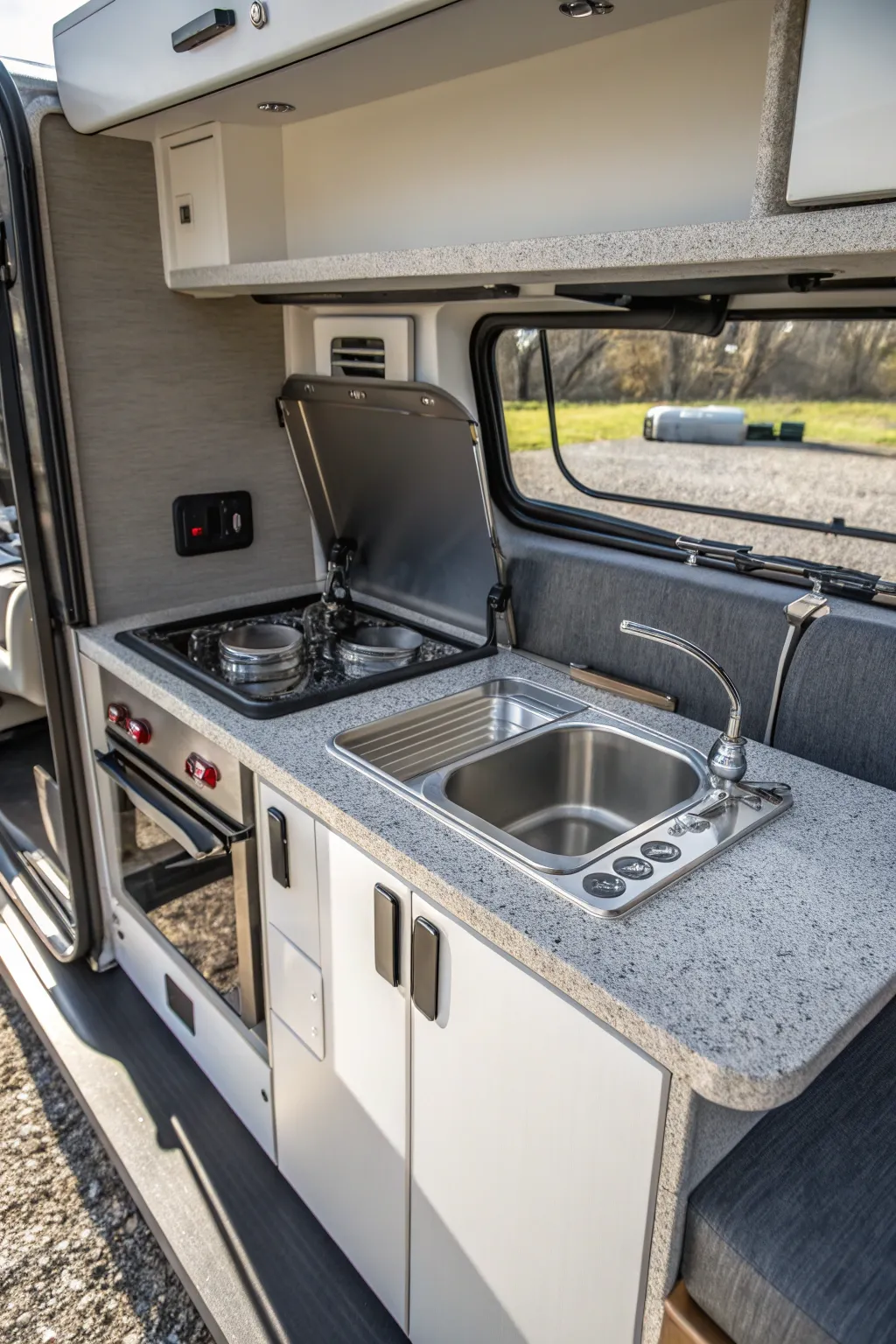 Maximize your camper space with a sleek, foldable stovetop for the ultimate functional kitchen makeover.