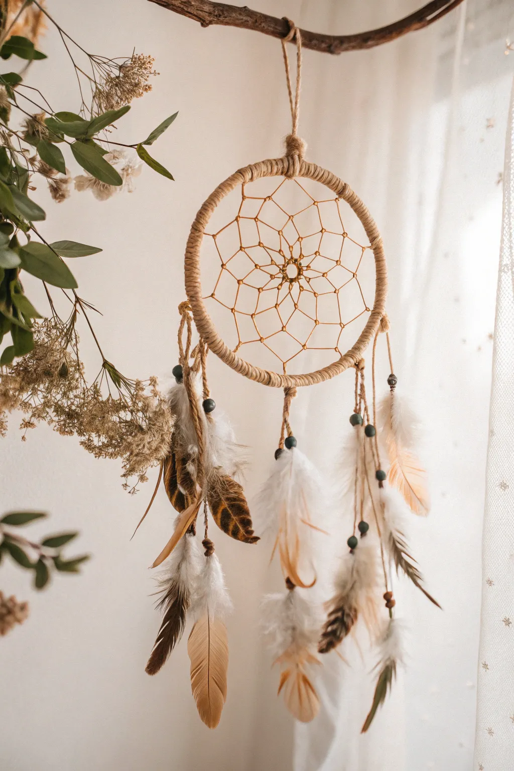 Embrace the serene beauty of nature with this elegant, handcrafted dream catcher.