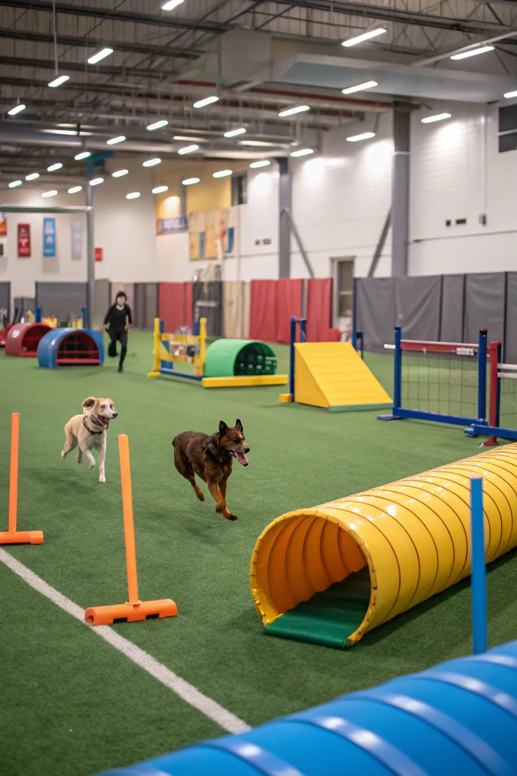 Agility equipment in an indoor park keeps dogs active and engaged.