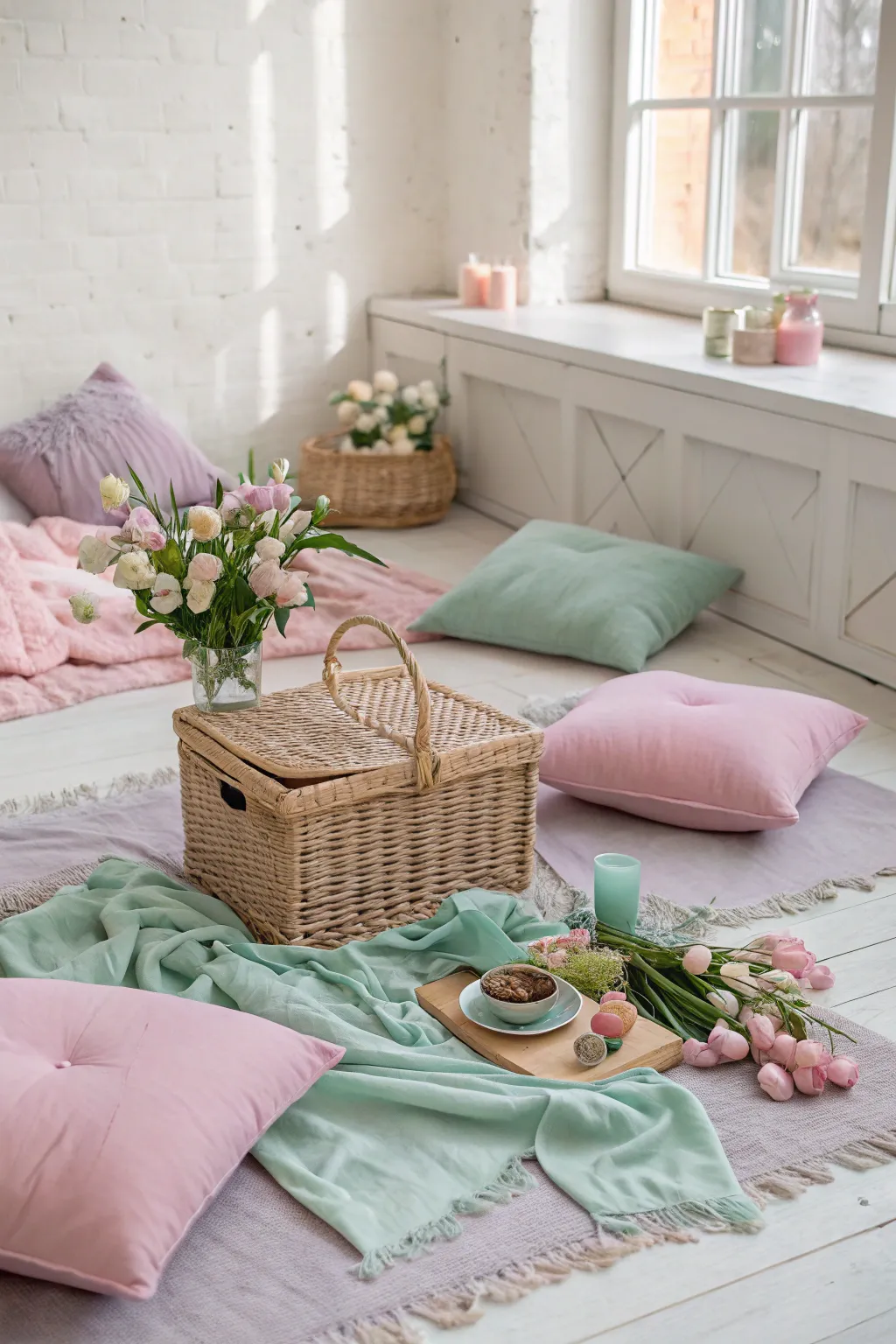 Capture the essence of spring with a cozy pastel picnic in your living room—a perfect blend of minimalism and natural beauty.