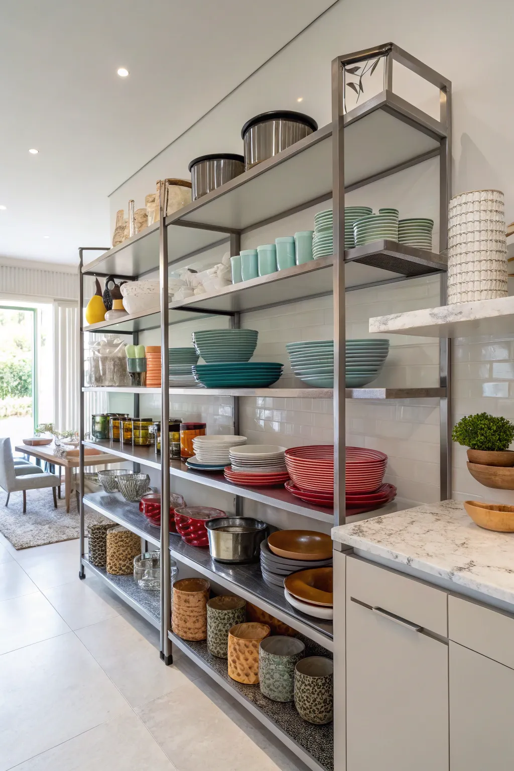 Open shelving showcases your kitchenware in an industrial farmhouse setting.
