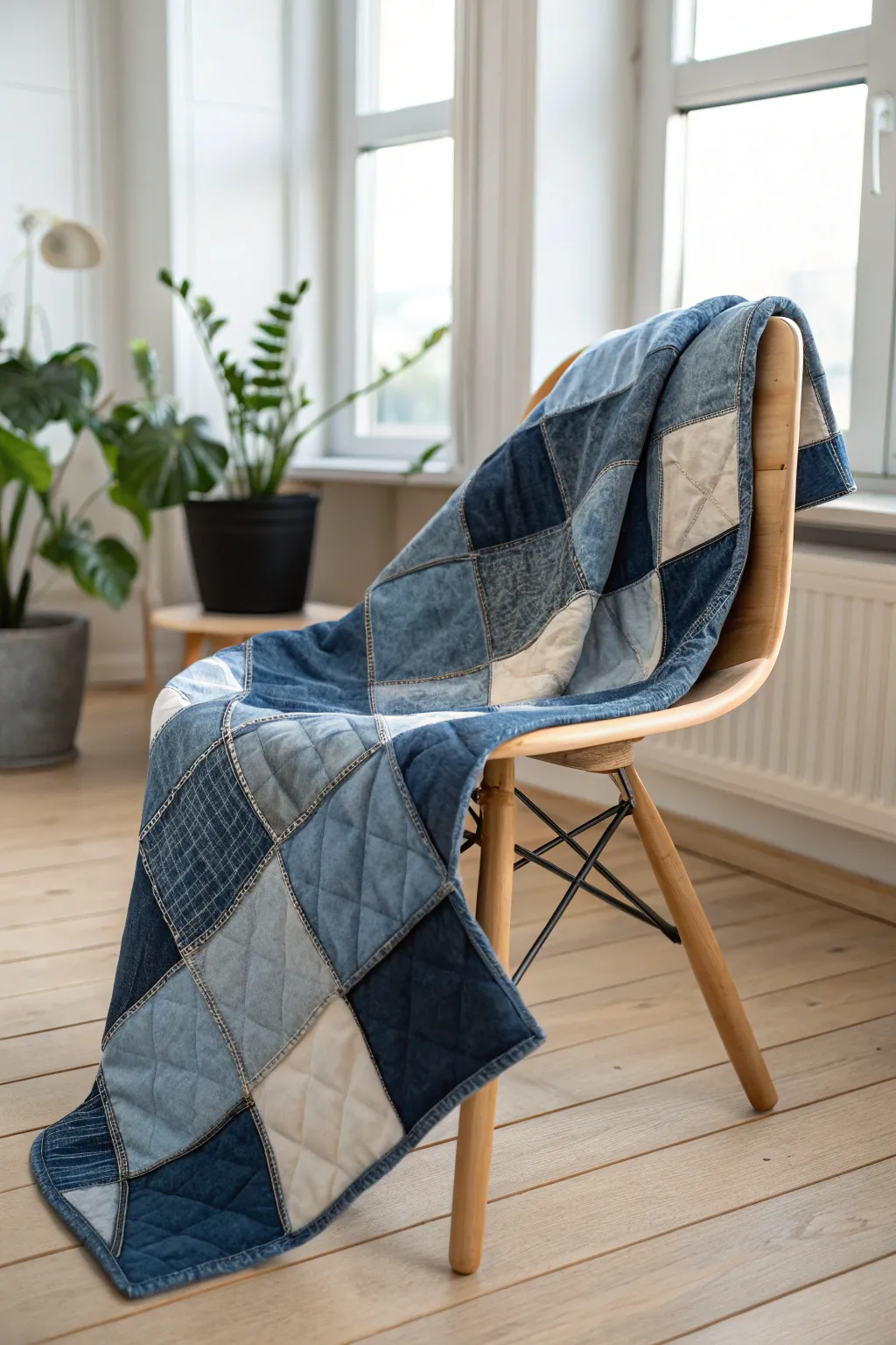 Discover the art of color play with this stunning jean quilt, where hues of blue dance in minimalist elegance.