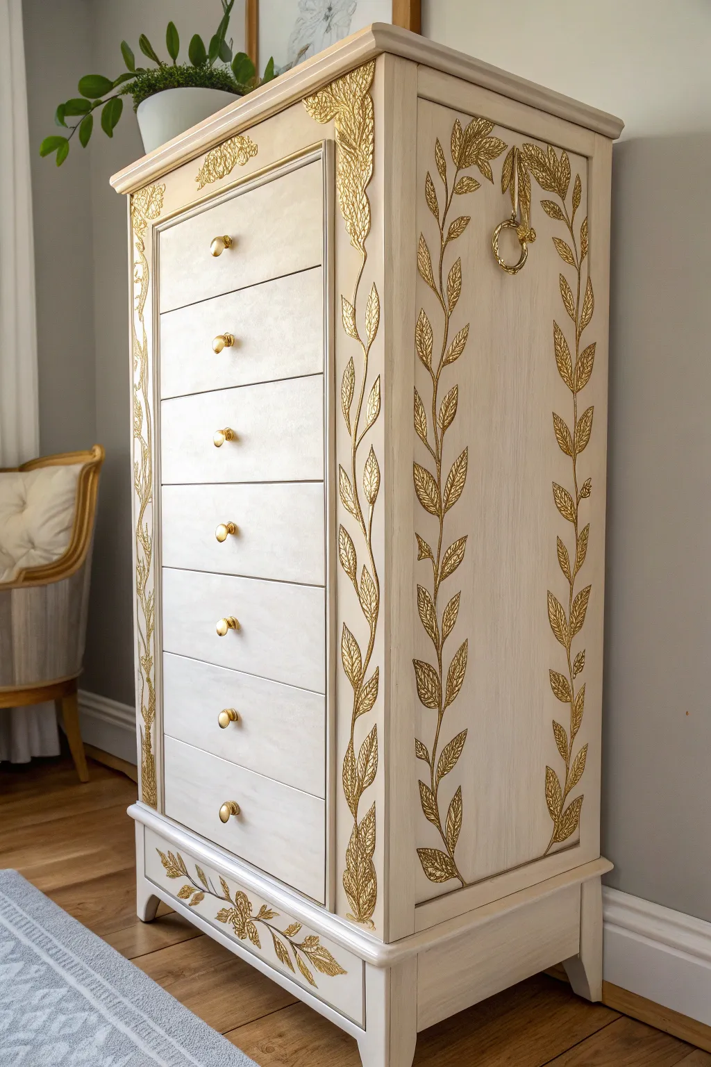 Transform your jewelry armoire with a touch of gold leaf for an elegant glow!