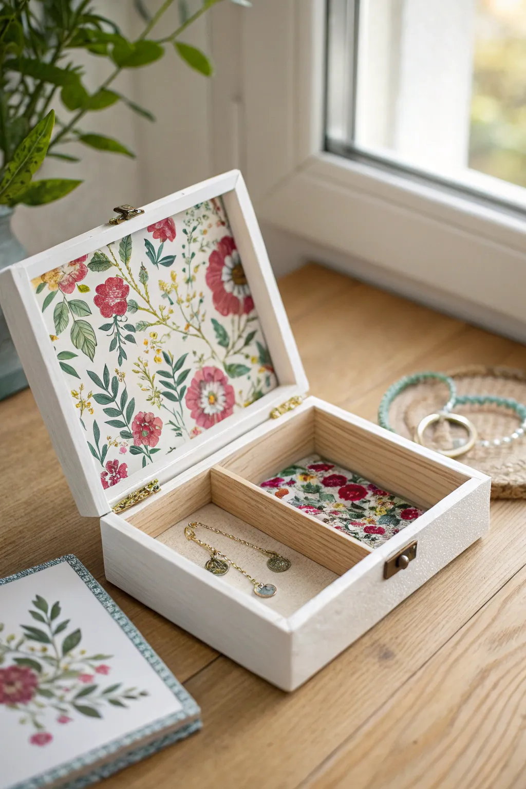 Transform your jewelry box into a decoupage masterpiece with vibrant floral prints. Simple yet stunning!