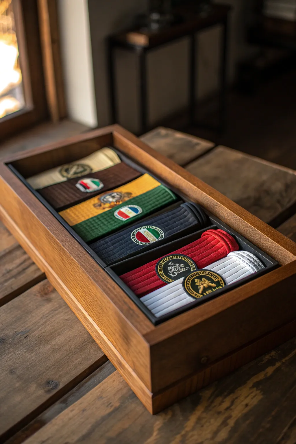 Display your journey with pride: a handcrafted shadow box for your karate belts.