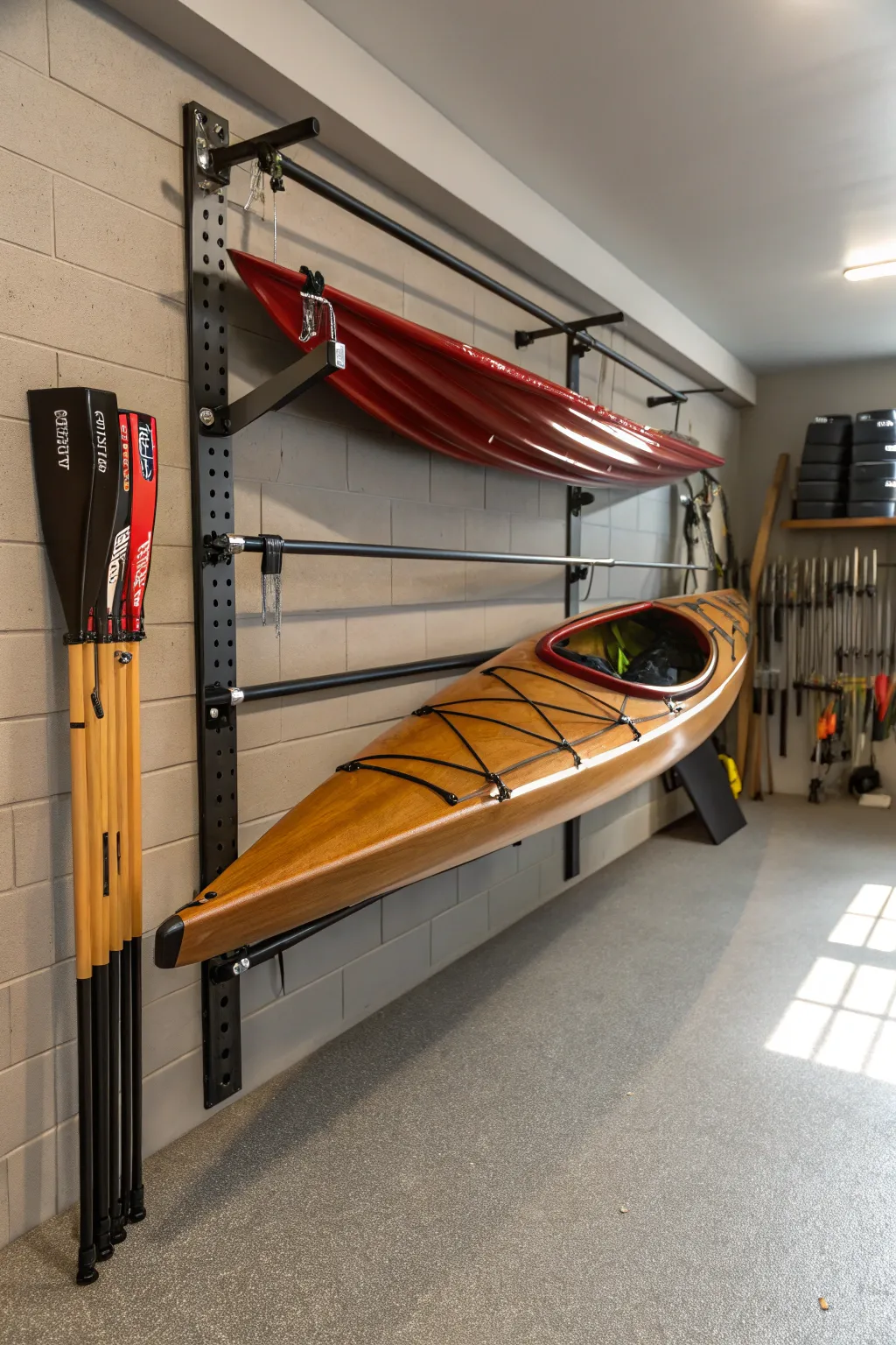 Elevate your storage game with this elegant wall-mounted kayak rack, designed for the organized craftsman.