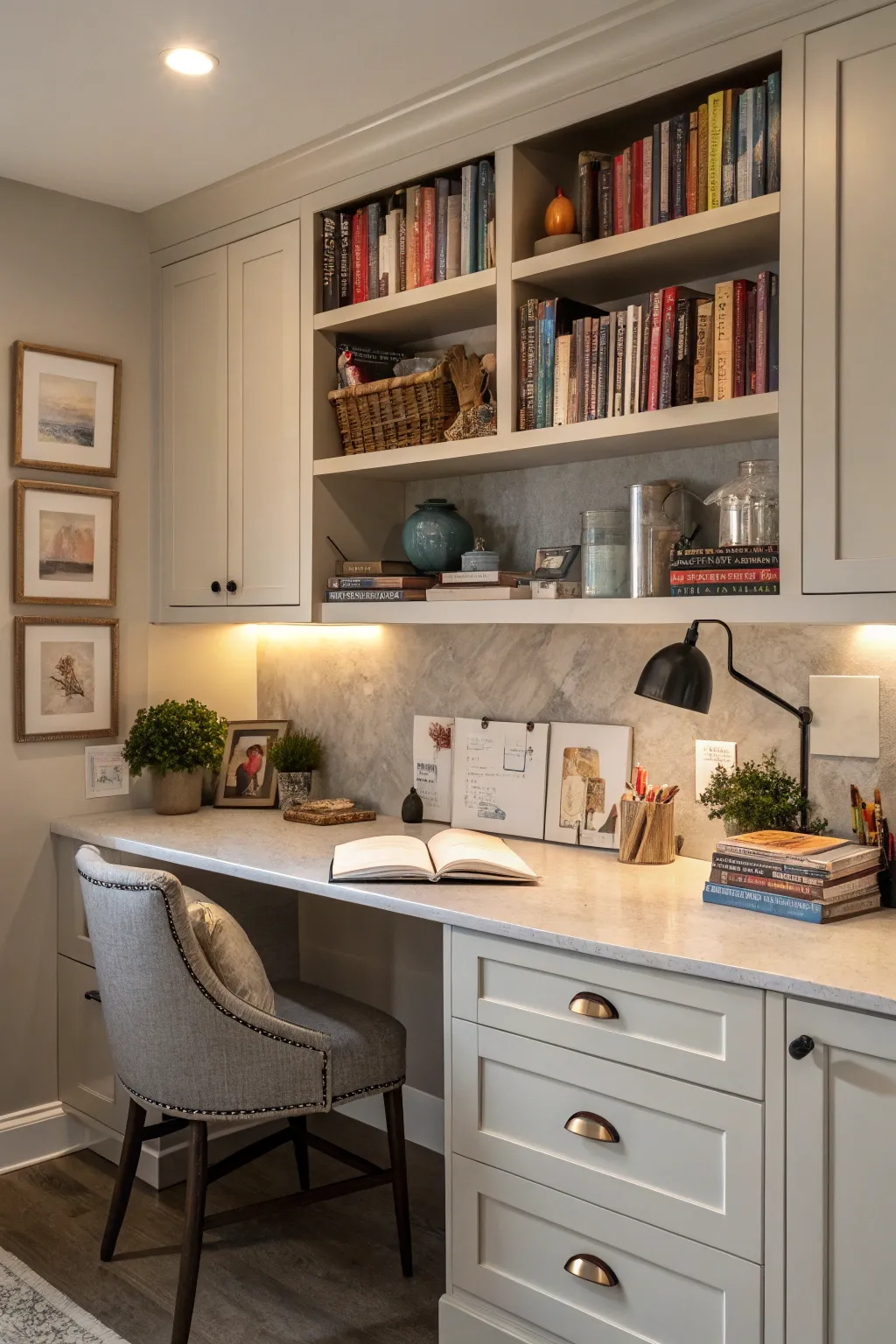 Built-in shelving adds style and storage to a kitchen desk.