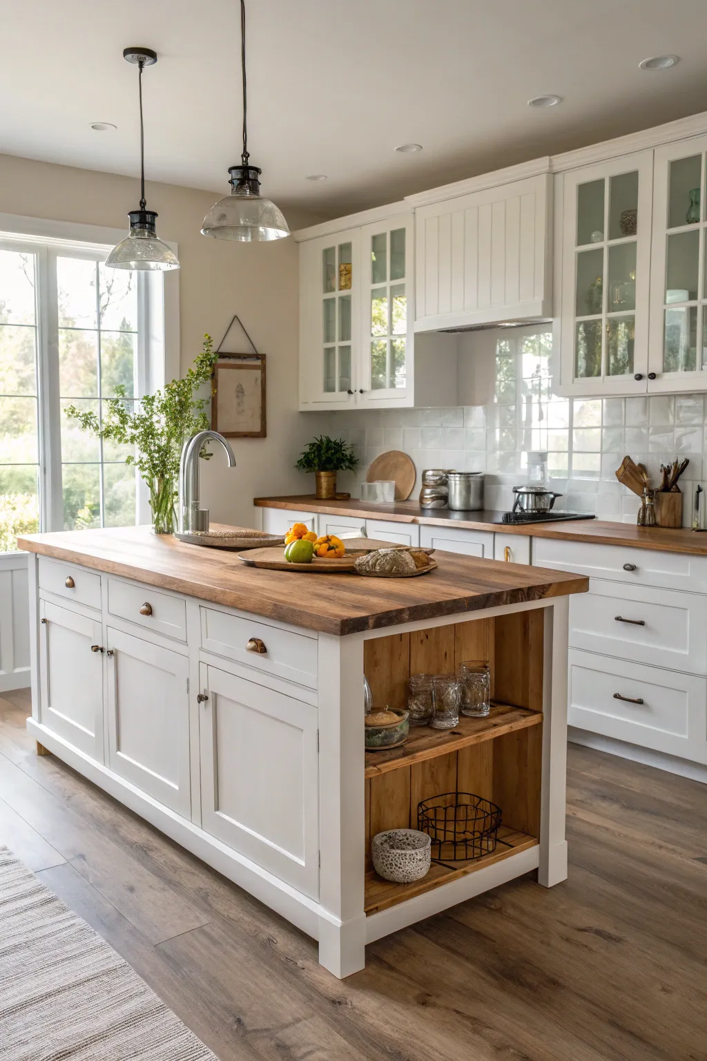 A kitchen showcasing a warm wood-finished island amid sleek white cabinetry.